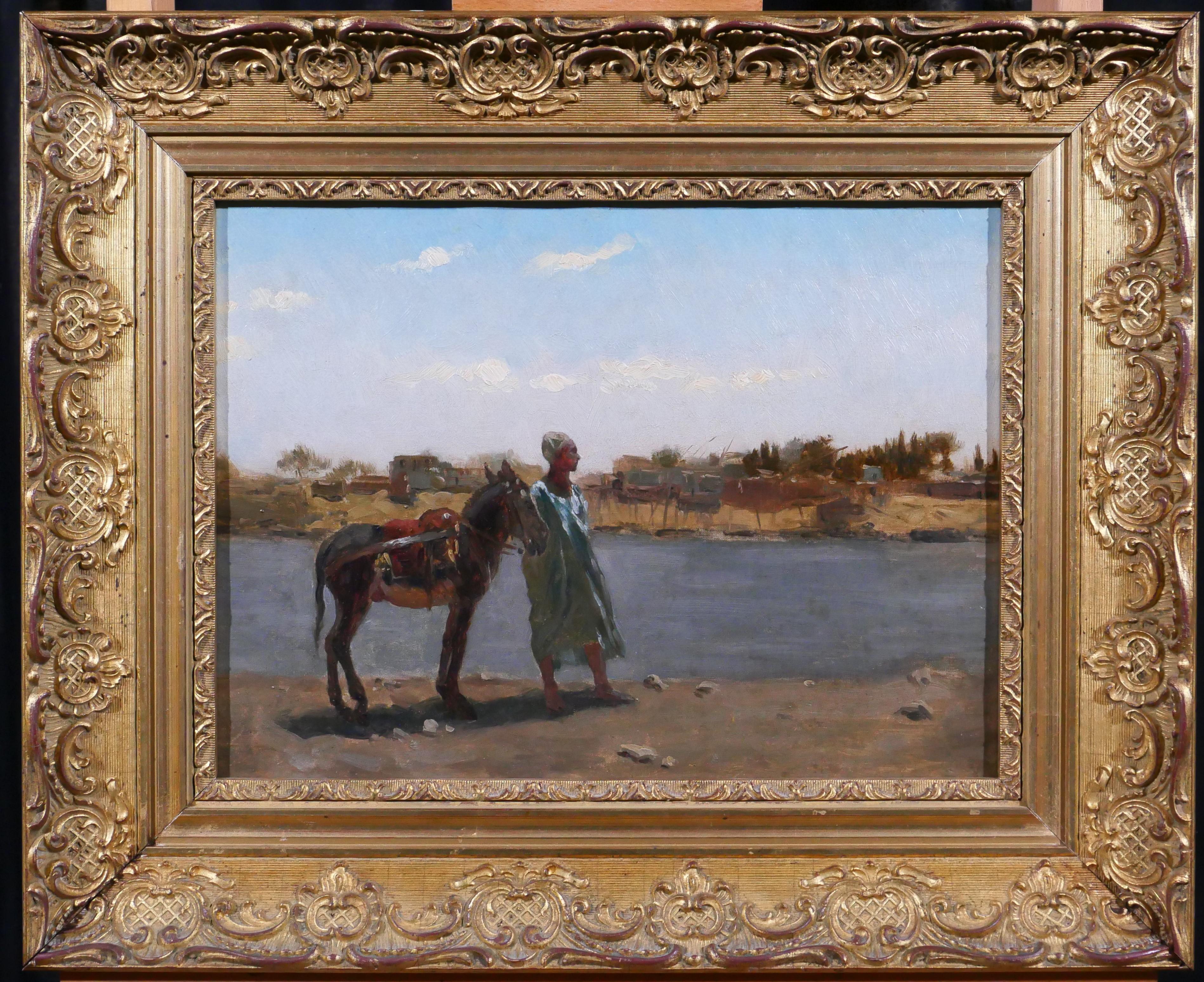 Orientalismus, Landschaft mit Mann und Esel – Painting von Antoine Van Hammée