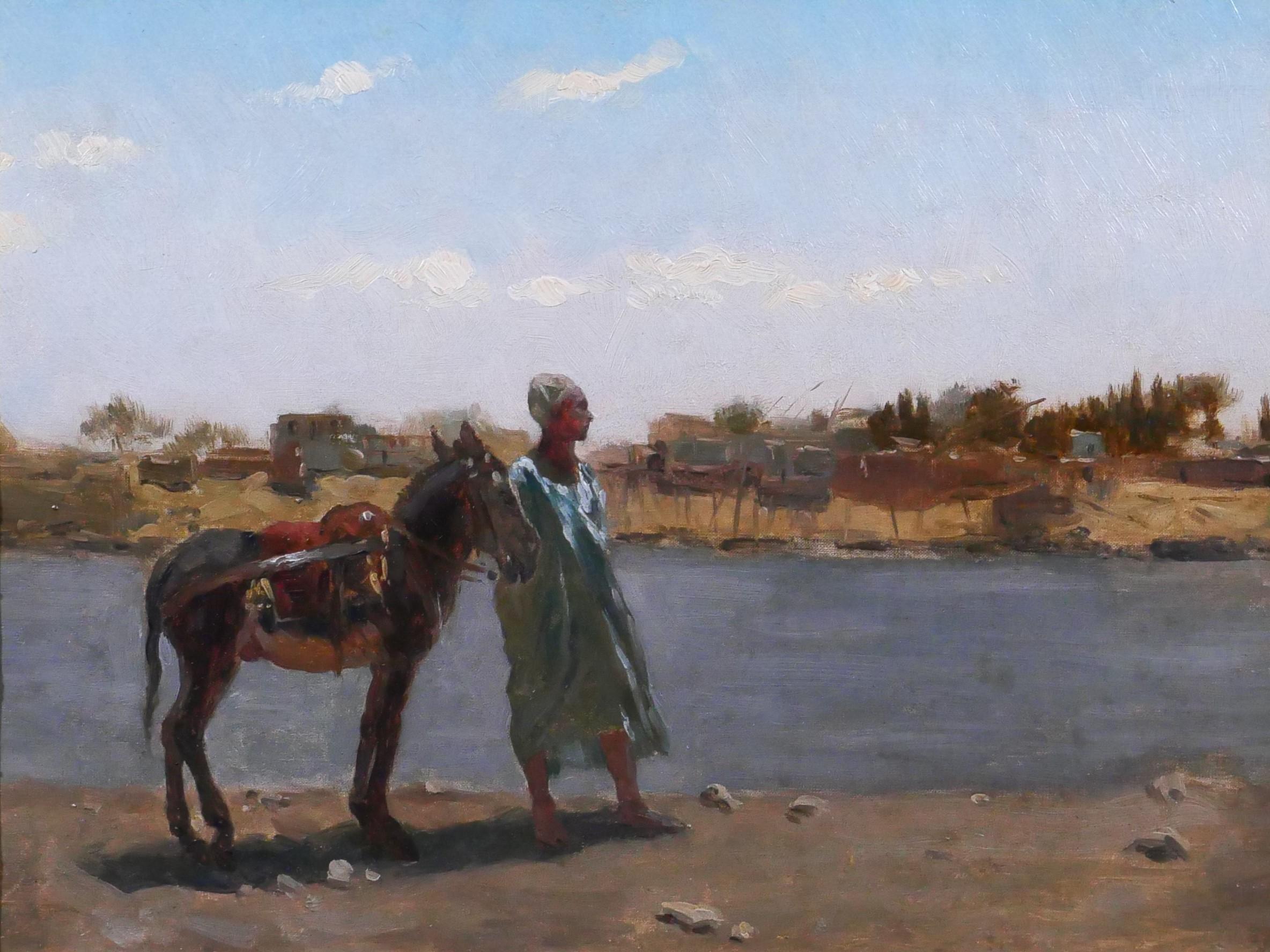 Antoine Van Hammée Landscape Painting - Orientalism, landscape with man and donkey