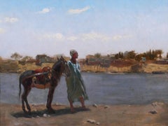 Orientalisme, paysage avec homme et âne