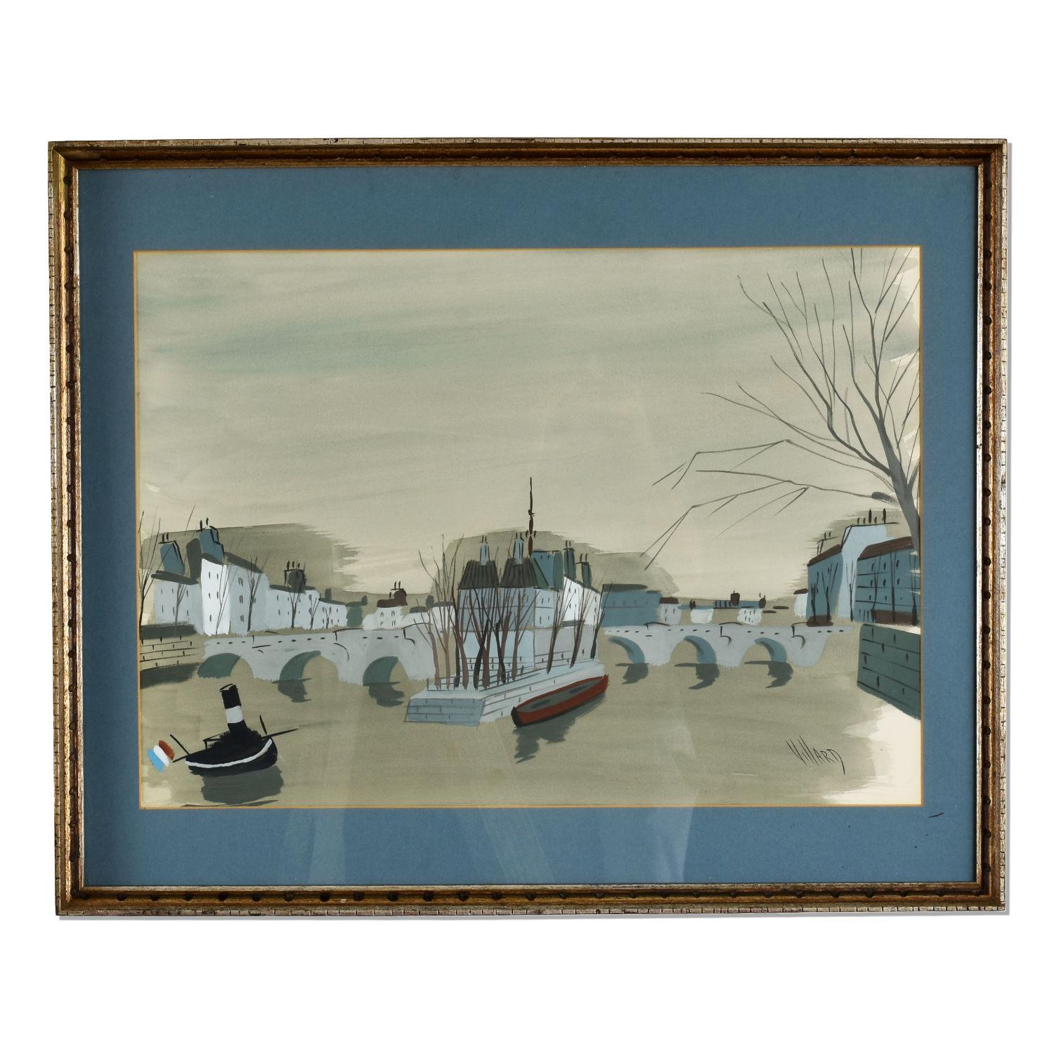 “La Pont” by celebrated French painter, Antoine Villard. The title simply means “the bridge.” Likely a scene painted from one of the many bridges spanning the Rhône and Saône rivers running through Lyon, France. Villard studied architecture and