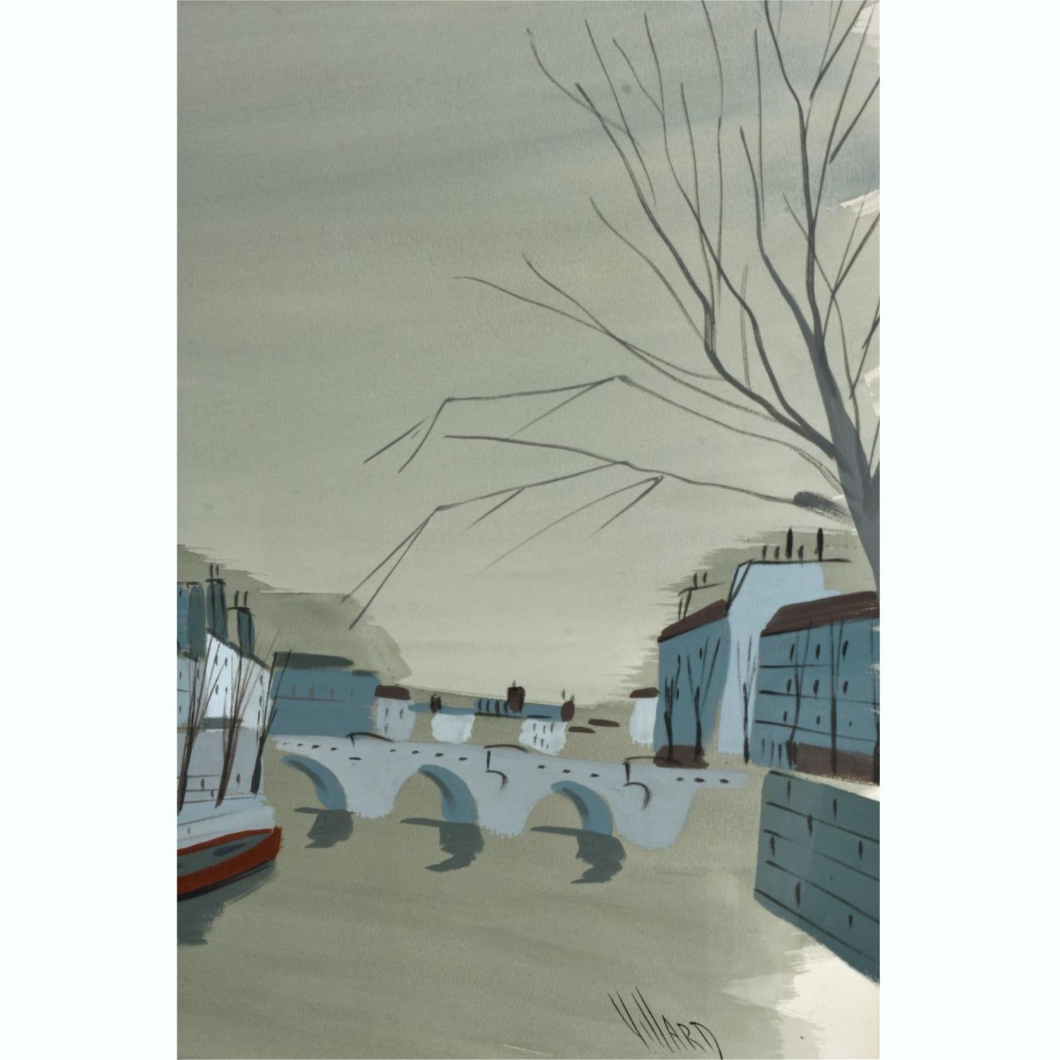French Antoine Villard La Pont Lyon France Bridge Over River Gouache Painting