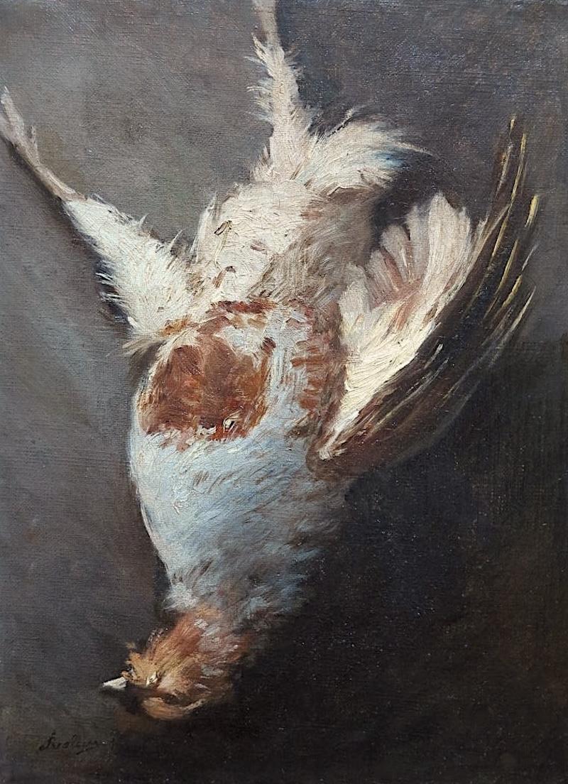 Gray partridge hunting trophy - Painting by Antoine Vollon