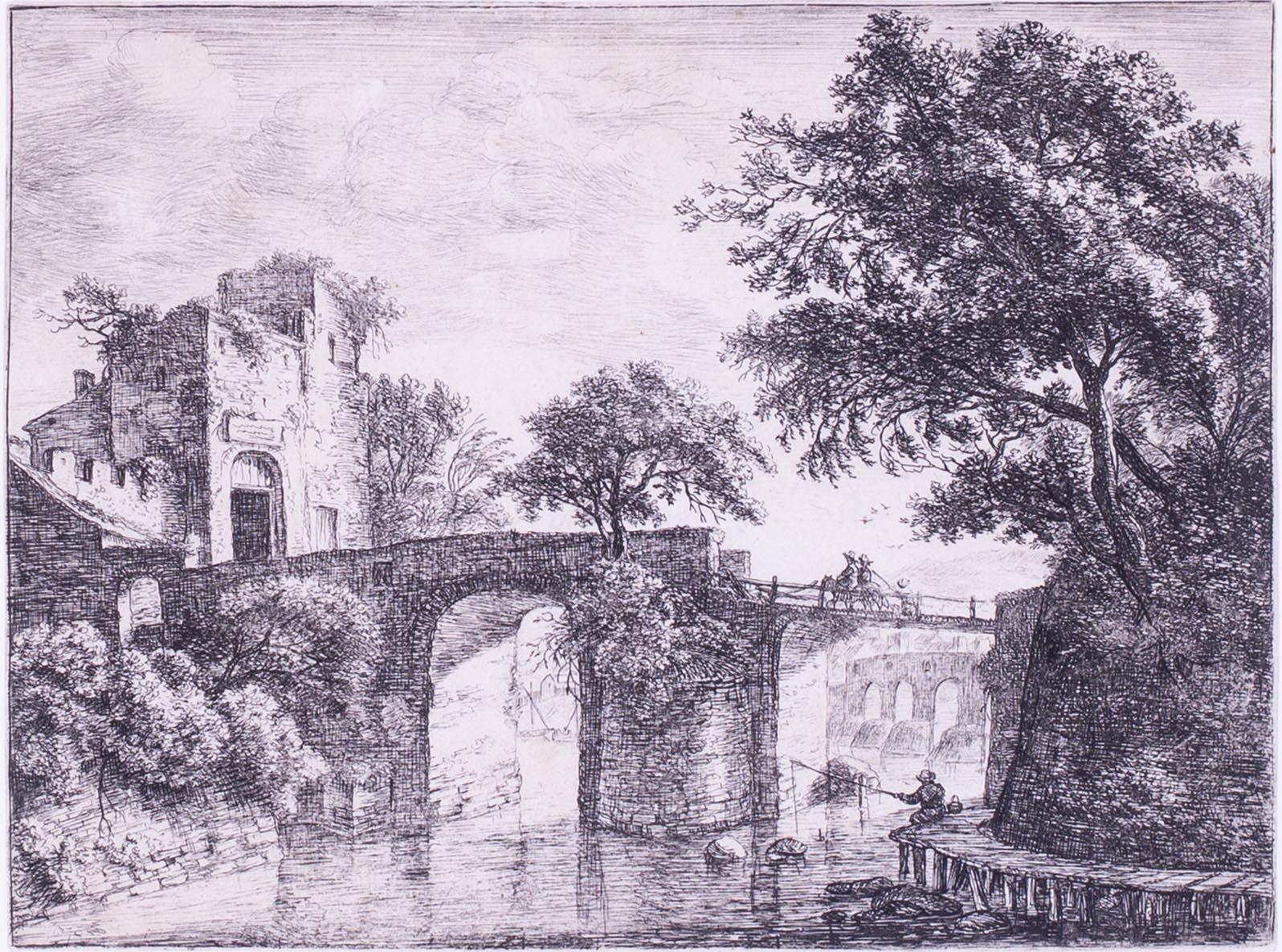Radierung von Reisenden, die eine Brücke überqueren, nach Antoine Waterloo aus dem 17. Jahrhundert im Angebot 1