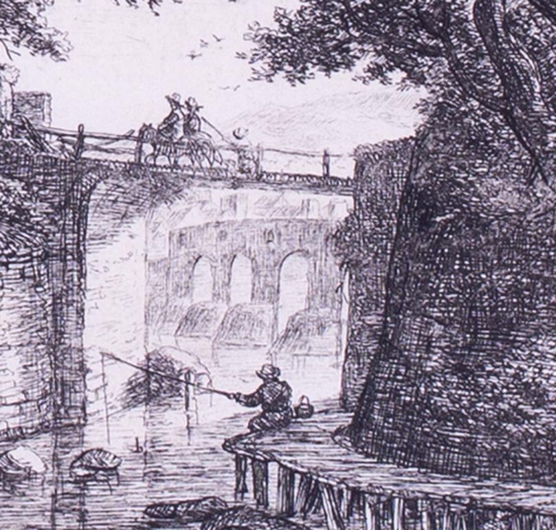 Radierung von Reisenden, die eine Brücke überqueren, nach Antoine Waterloo aus dem 17. Jahrhundert im Angebot 3