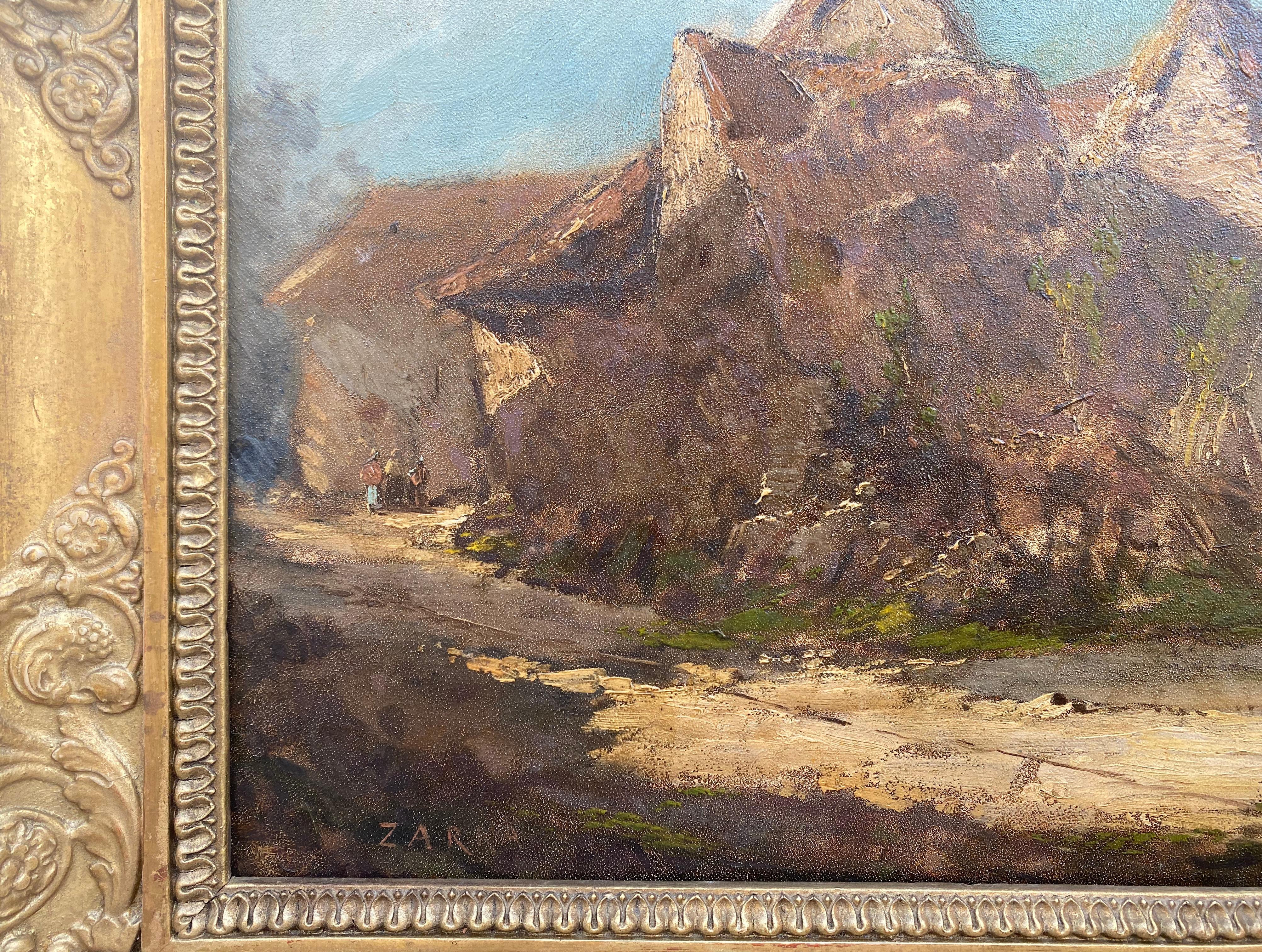 Scena di villaggio Barbizon signore che chiacchierano per strada Quadro rurale del XIX secolo - Painting di Antoine Williams Zarra