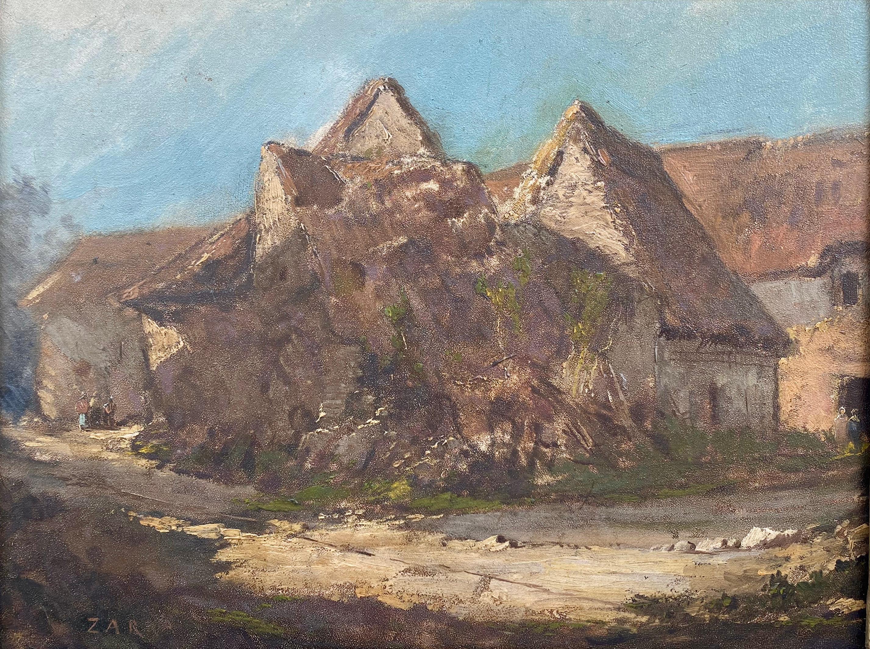 Scena di villaggio Barbizon signore che chiacchierano per strada Quadro rurale del XIX secolo - Painting Scuola di Barbizon di Antoine Williams Zarra