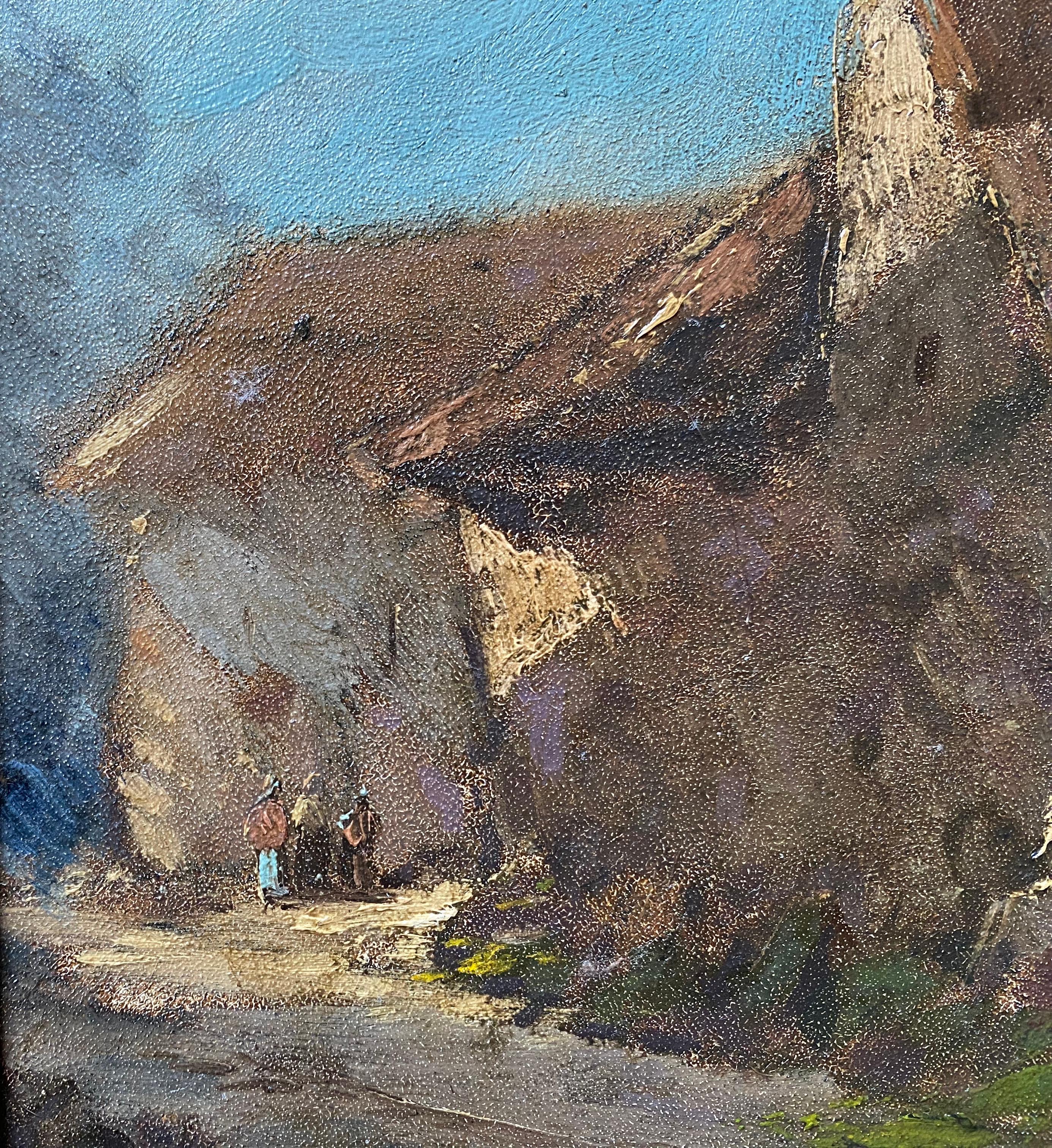Scena di villaggio Barbizon signore che chiacchierano per strada Quadro rurale del XIX secolo - Figurative Painting Marrone di Antoine Williams Zarra