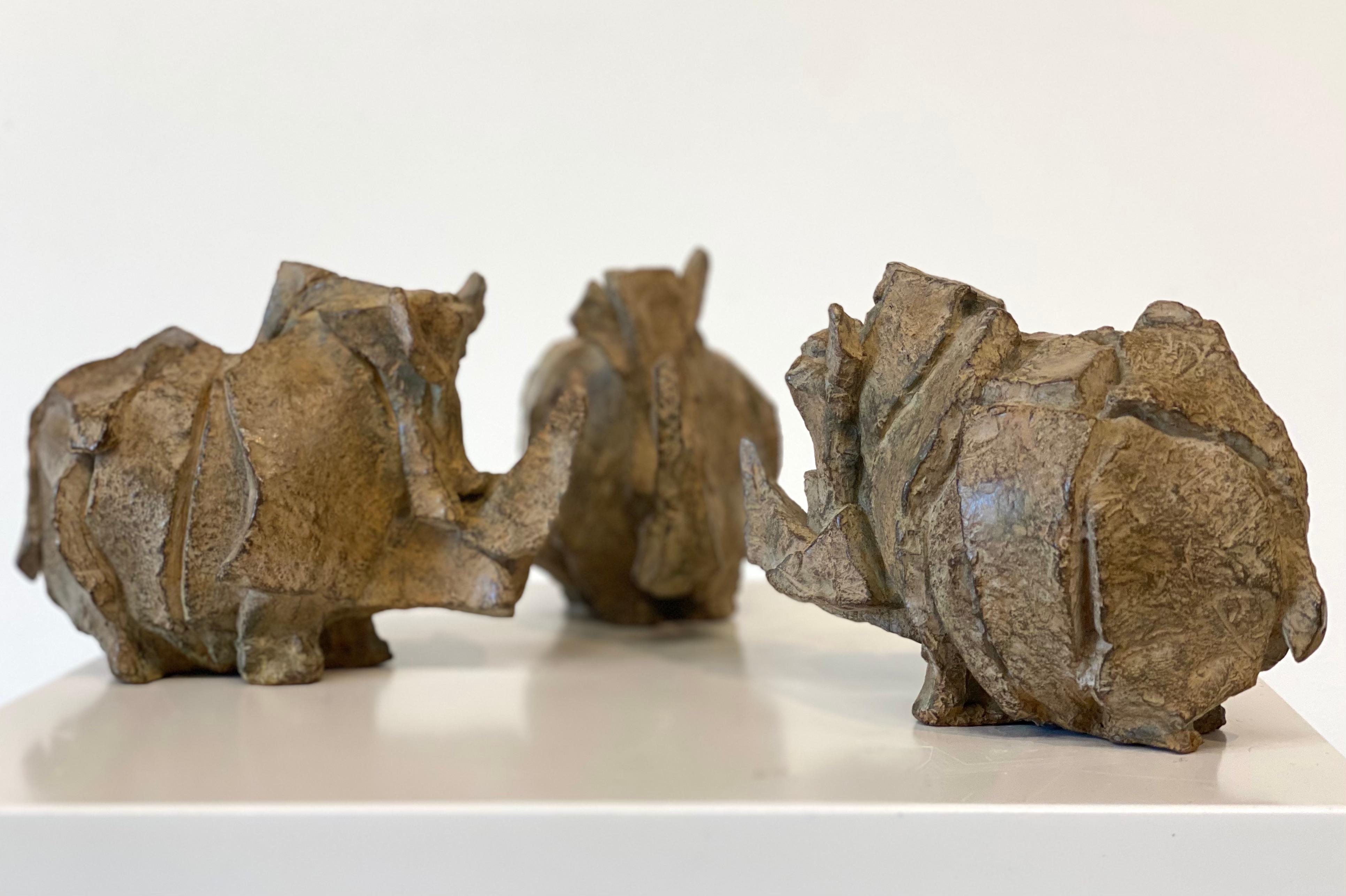 Antoinette Briët
Conclave
Trois Rino 
Bronze
(8/8, signé AB au dos site gauche)
( les trois pièces vont ensemble, chaque pièce mesure 10x14x5 cm)

Ces trois sculptures ont été réalisées par l'artiste néerlandaise Antoinette Briet. Ses formes sont