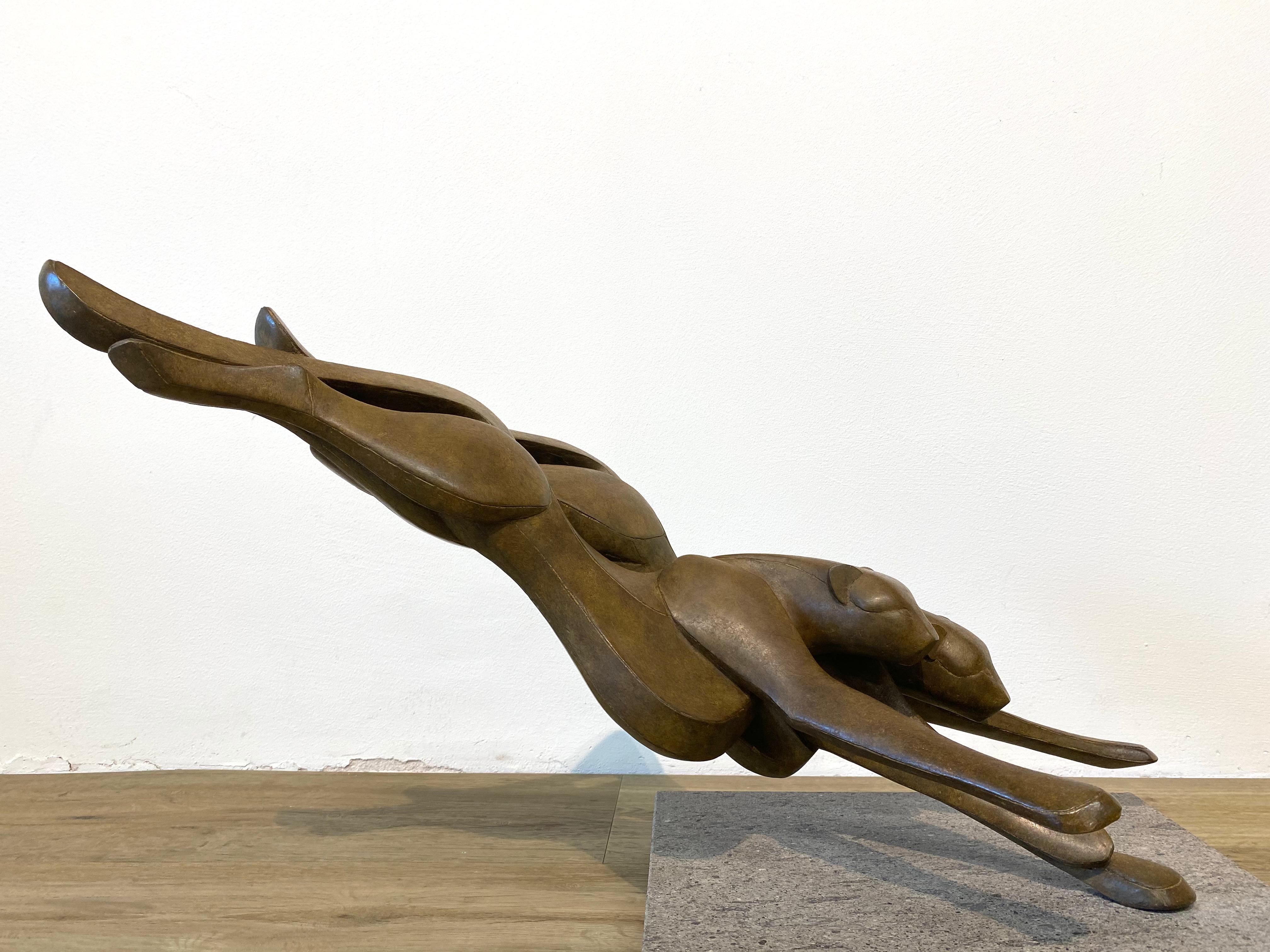 Antoinette Briët
Fuera del cielo
40 x 60 x 30 cm
bronce sobre una placa de piedra azul

Esta escultura de guepardo saltarín  es obra de la artista holandesa Antoinette Briet. Sus formas  son una abstracción del movimiento en el mundo de los