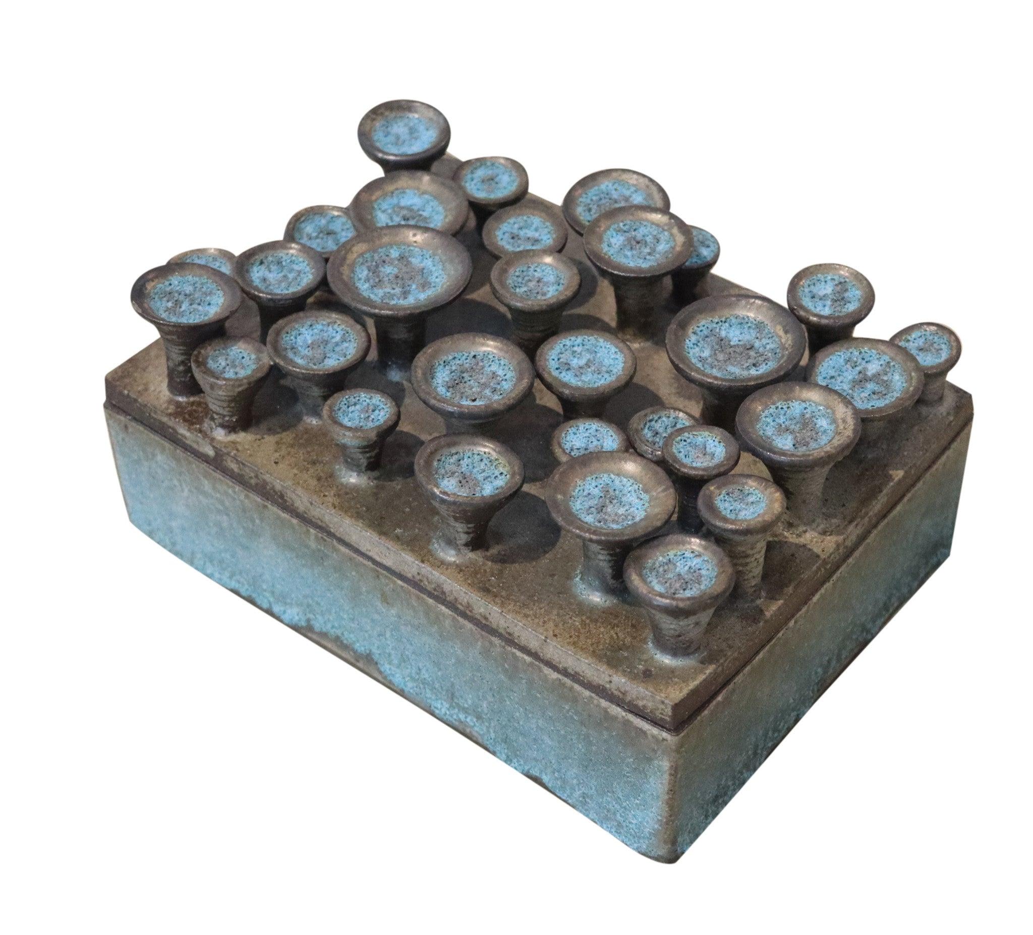 Mid-Century Modern ANTOINETTE FARAGALLAH Decorative Sculptural Large Turquoise Pottery Lidded Box For Sale