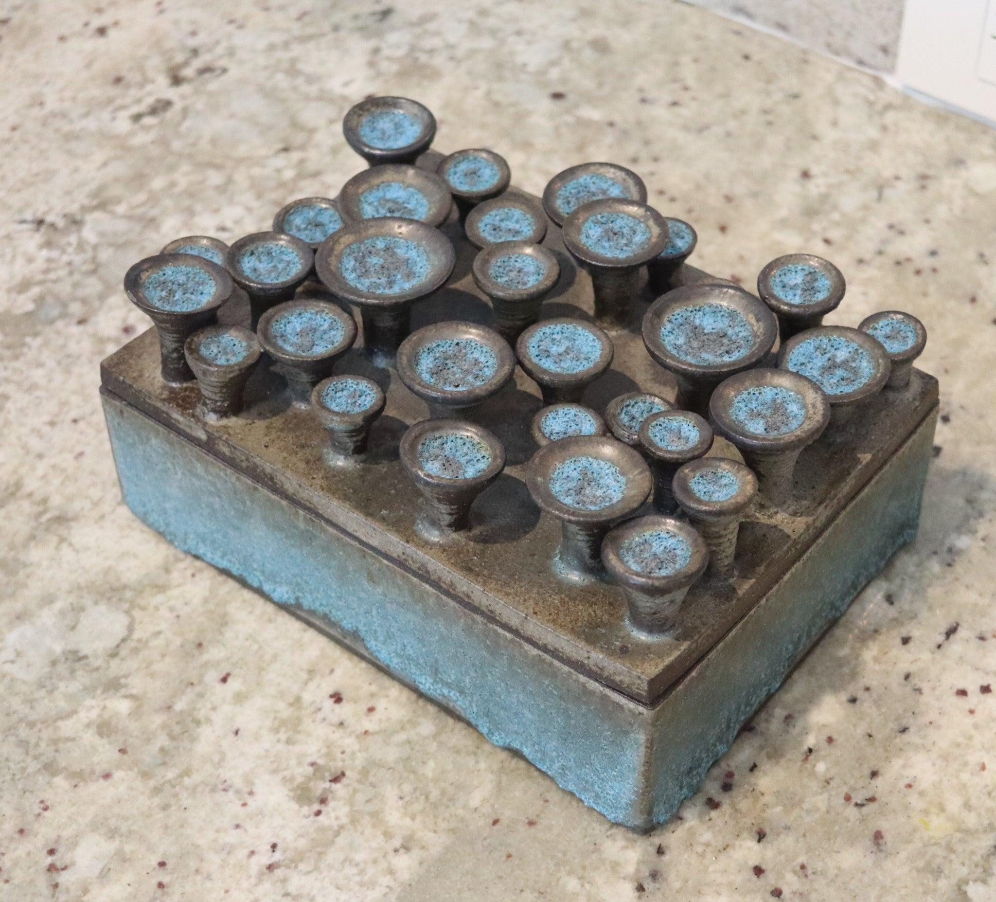 French ANTOINETTE FARAGALLAH Decorative Sculptural Large Turquoise Pottery Lidded Box For Sale