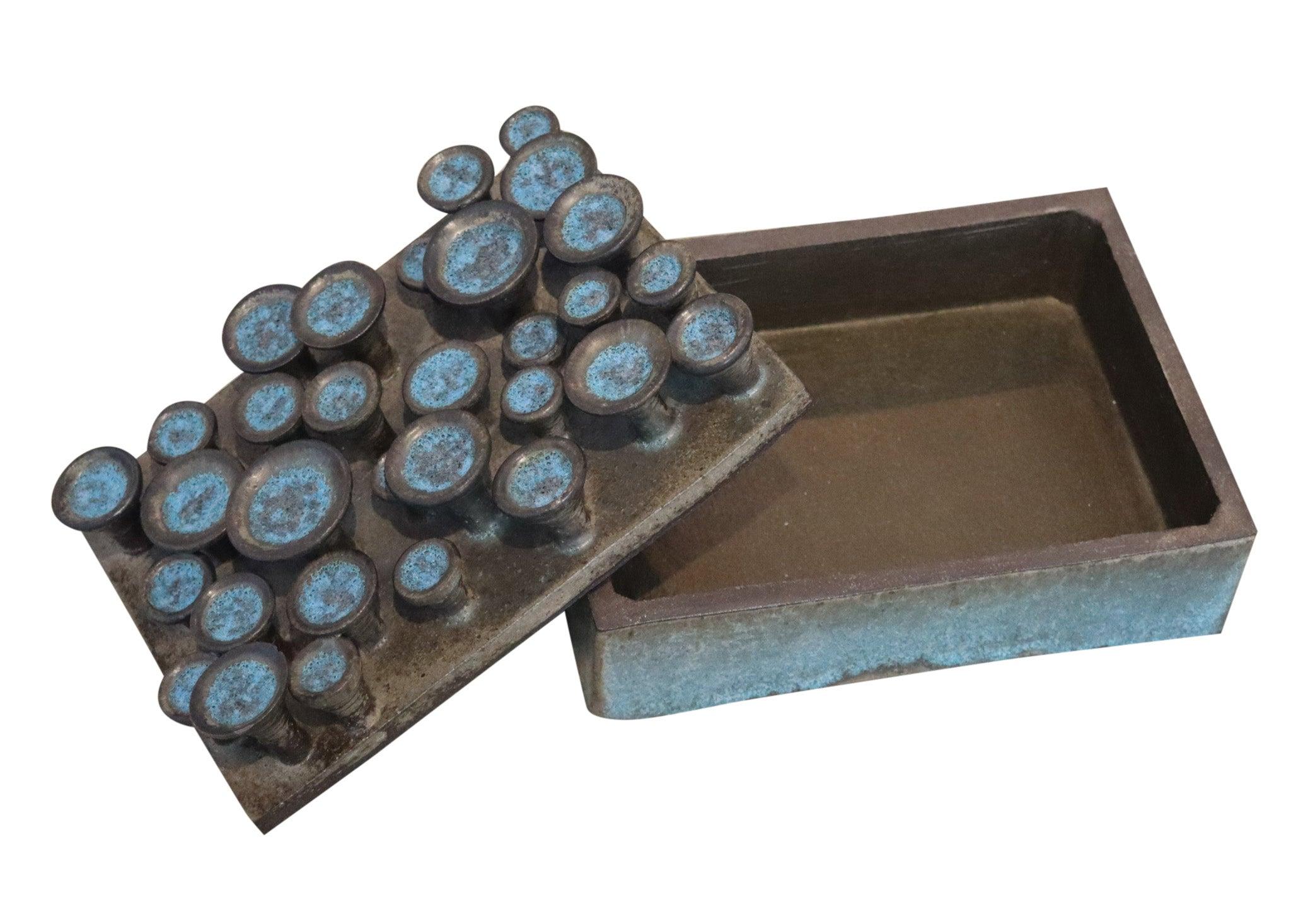 Late 20th Century ANTOINETTE FARAGALLAH Decorative Sculptural Large Turquoise Pottery Lidded Box For Sale