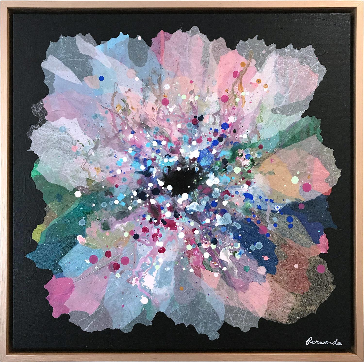 Antoinette Ferwerda Abstract Painting – ""Azalee"" Zeitgenössische Layered Mixed Media Floral Buntes Gemälde auf Leinwand