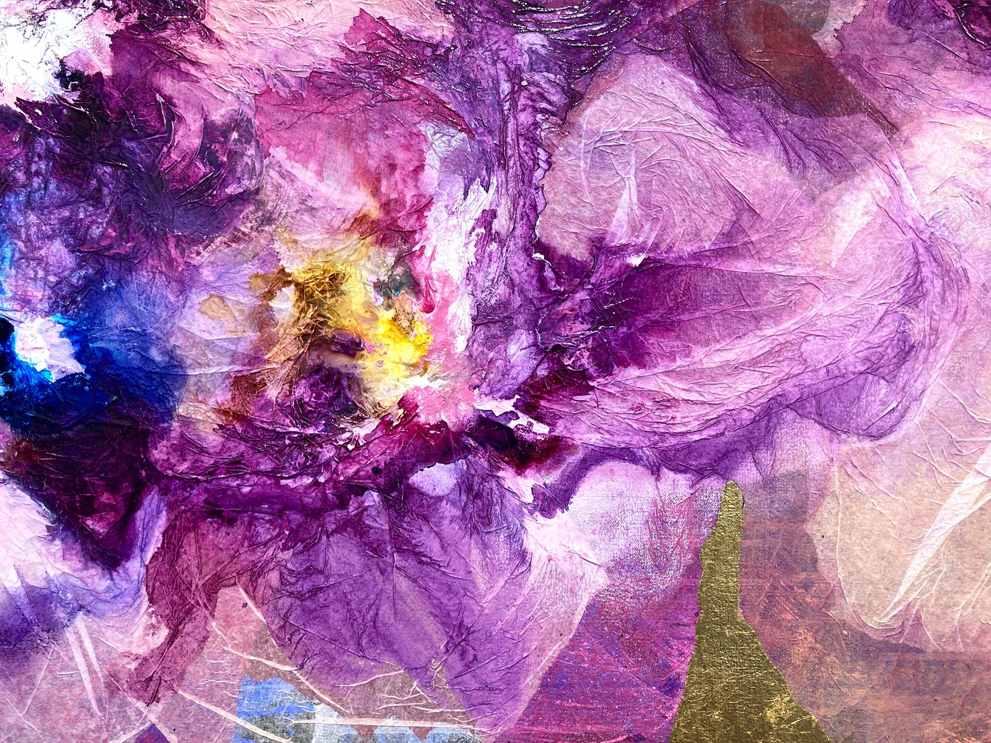 This painting by Antoinette is a stylish and luxurious mixed media on canvas piece depicting abstract flowers with bold use of color and contrast. The gold leaf background and the brilliant deep crimson and violets from the florals allows for the