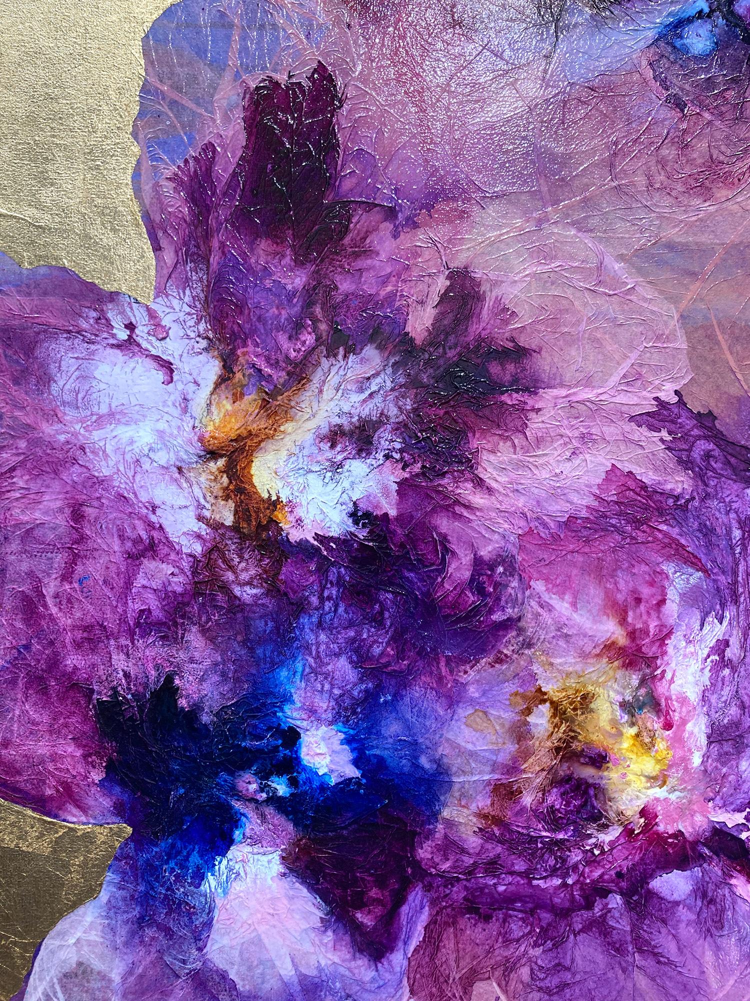 This painting by Antoinette is a stylish and luxurious mixed media on canvas piece depicting abstract flowers with bold use of color and contrast. The gold leaf background and the brilliant deep crimson and violets from the florals allows for the