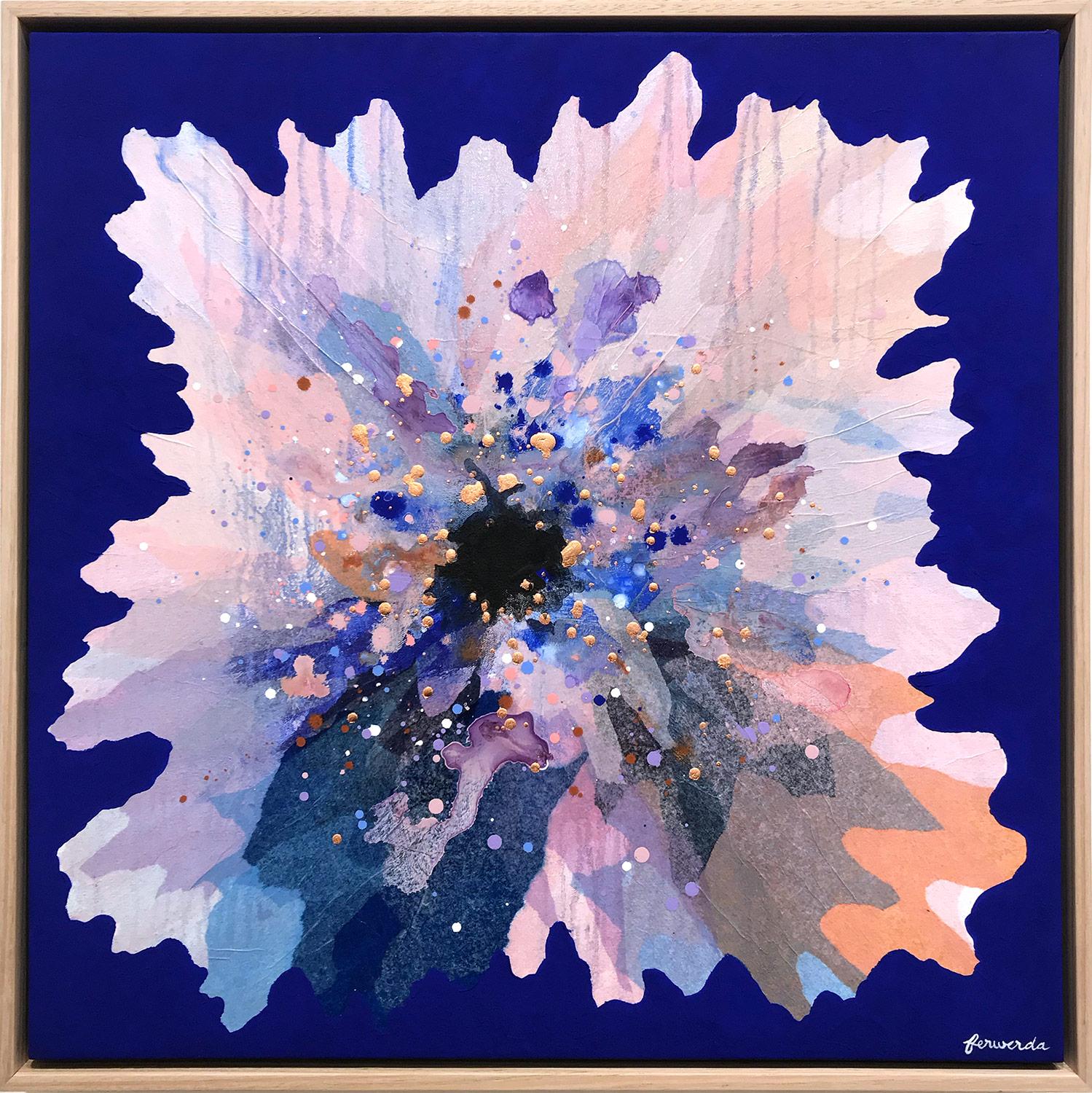 Antoinette Ferwerda Abstract Painting - "Cobalt Periwinkle" Contemporary Layered Mixed Media Floral Painting on Canvas