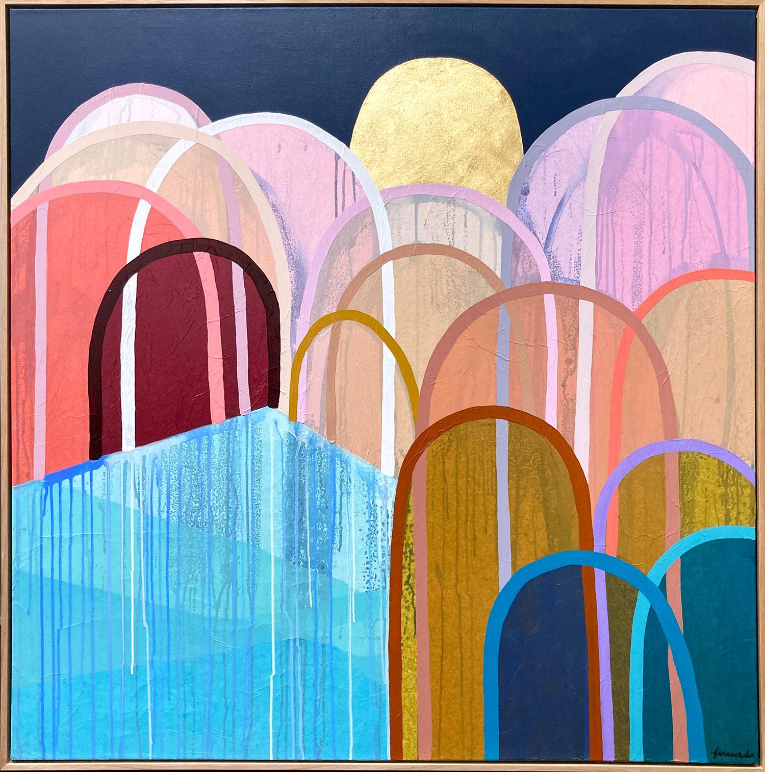 Antoinette Ferwerda Abstract Painting - "Curl Curl Beach Hills" Colorful Contemporary Mixed Media Painting on Canvas