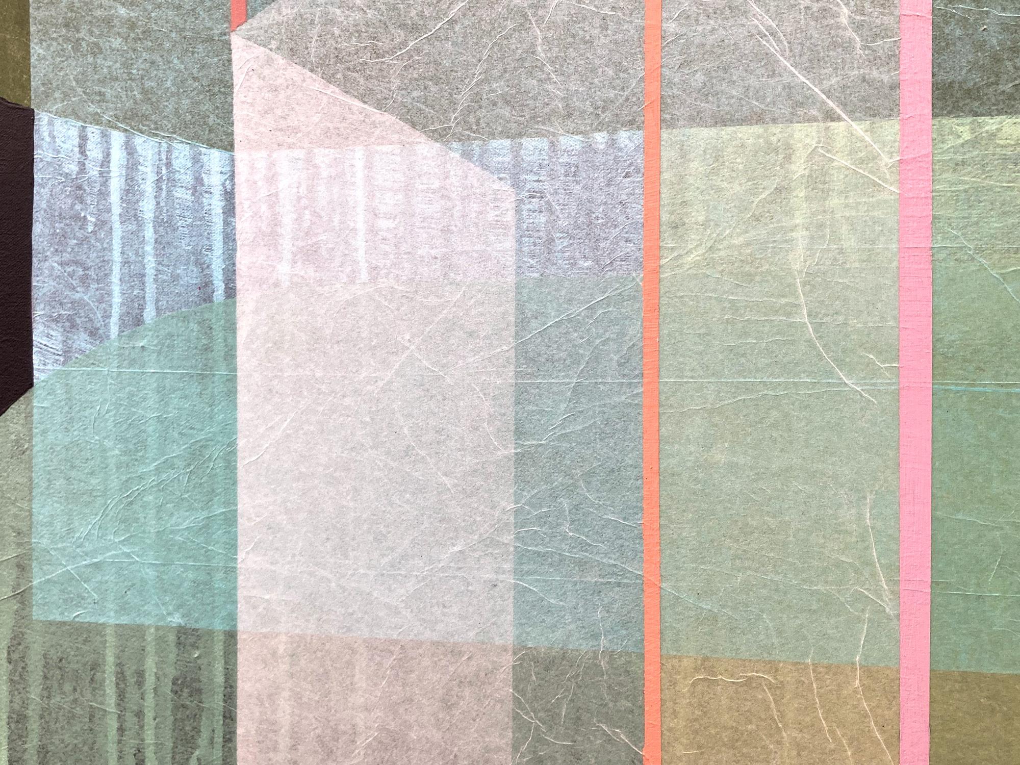 Este cuadro de Antoinette es una elegante y lujosa pieza de técnica mixta sobre lienzo que representa formas geométricas abstractas con un audaz uso del color y el contraste. El fondo negro oscuro de marfil permite que la luminosidad de la