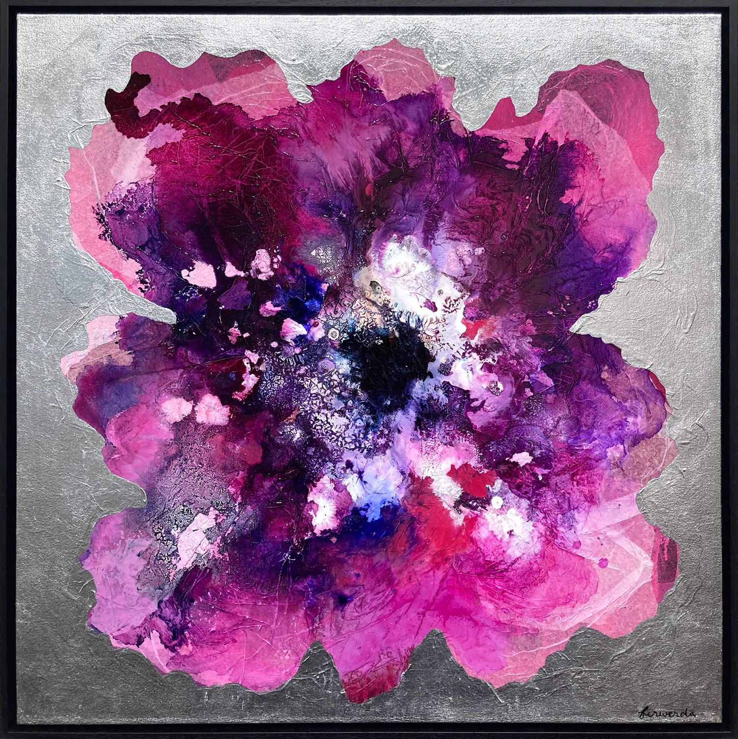 Antoinette Ferwerda Abstract Painting – "Iced Champagne Poppy" Zeitgenössische gemischte Medien florale Malerei auf Leinwand
