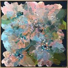 "Jade Azalea" Contemporary Layered Mixed Media Floral Painting on Canvas