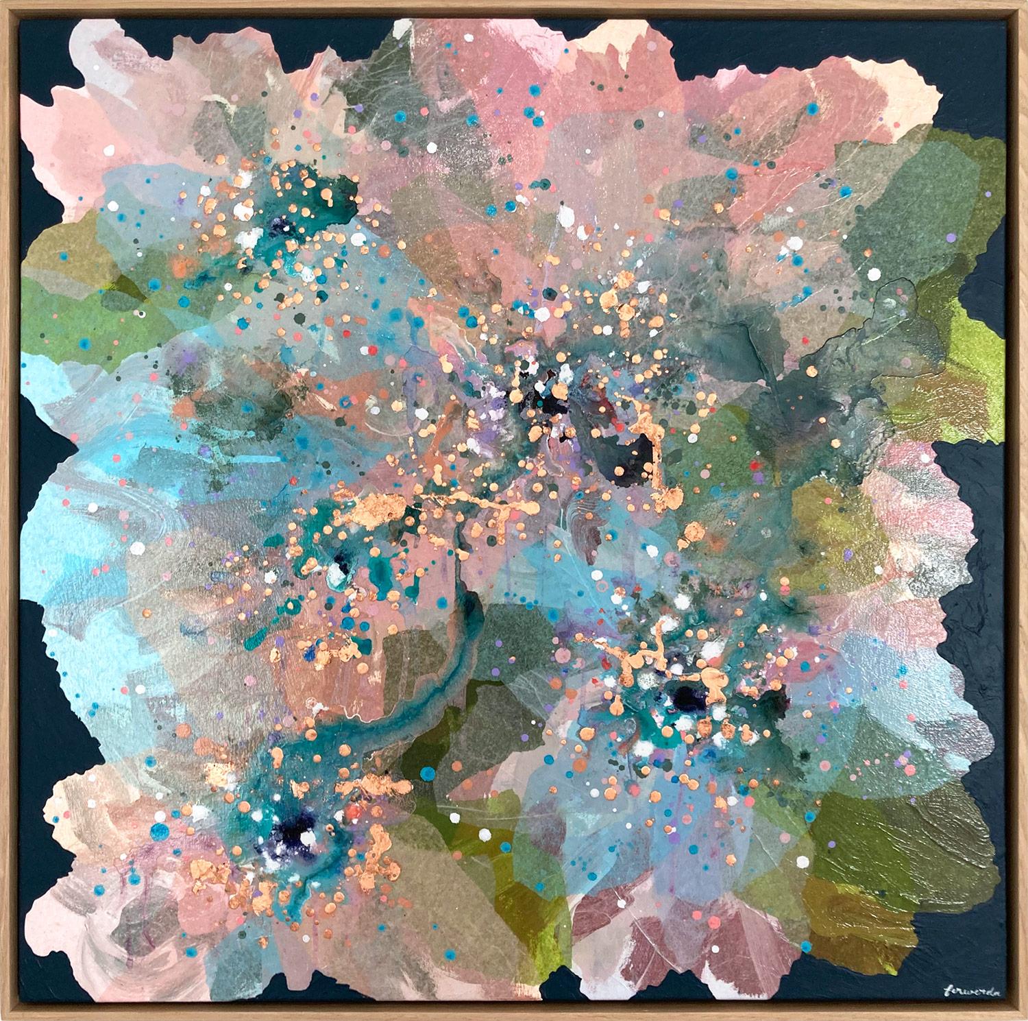 "Jade Azalea" Contemporary Layered Mixed Media Floral Painting on Canvas