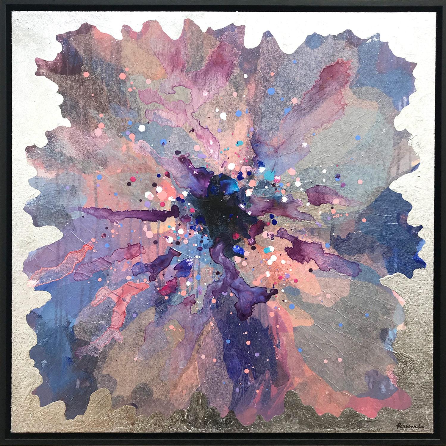 Antoinette Ferwerda Abstract Painting - "Mauve Periwinkle" Contemporary Layered Mixed Media Floral Painting on Canvas