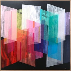 « Prime Glow »:: peinture contemporaine colorée en techniques mixtes superposées sur toile