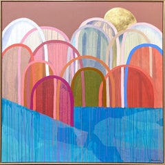 « Red Bluff Hills » - Peinture de paysage contemporaine colorée en techniques mixtes sur toile