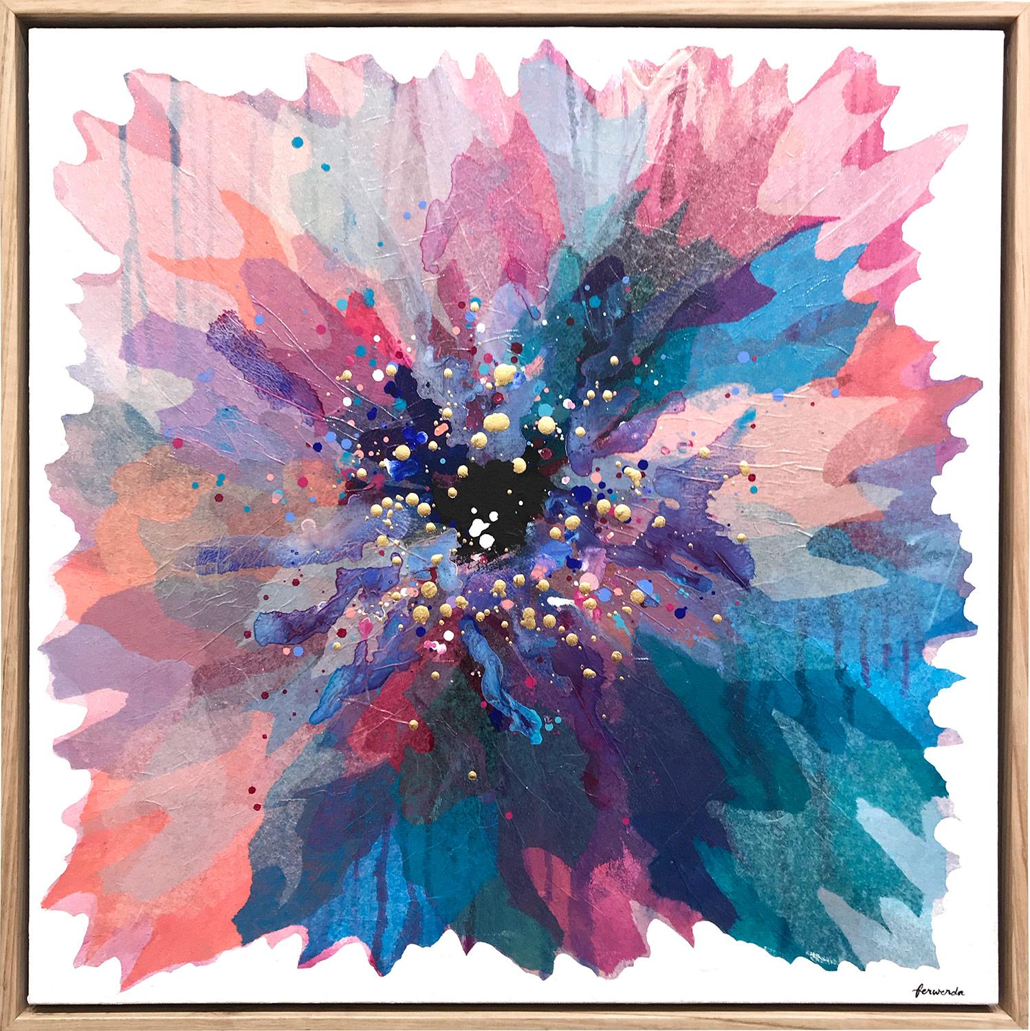 Antoinette Ferwerda Abstract Painting - "Teal Hibiscus" Contemporary Layered Mixed Media Floral Painting on Canvas