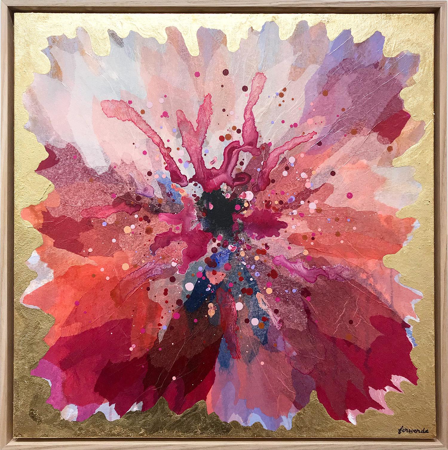 Antoinette Ferwerda Abstract Painting - "Wild Plum Hibiscus" Contemporary Layered Mixed Media Floral Painting on Canvas