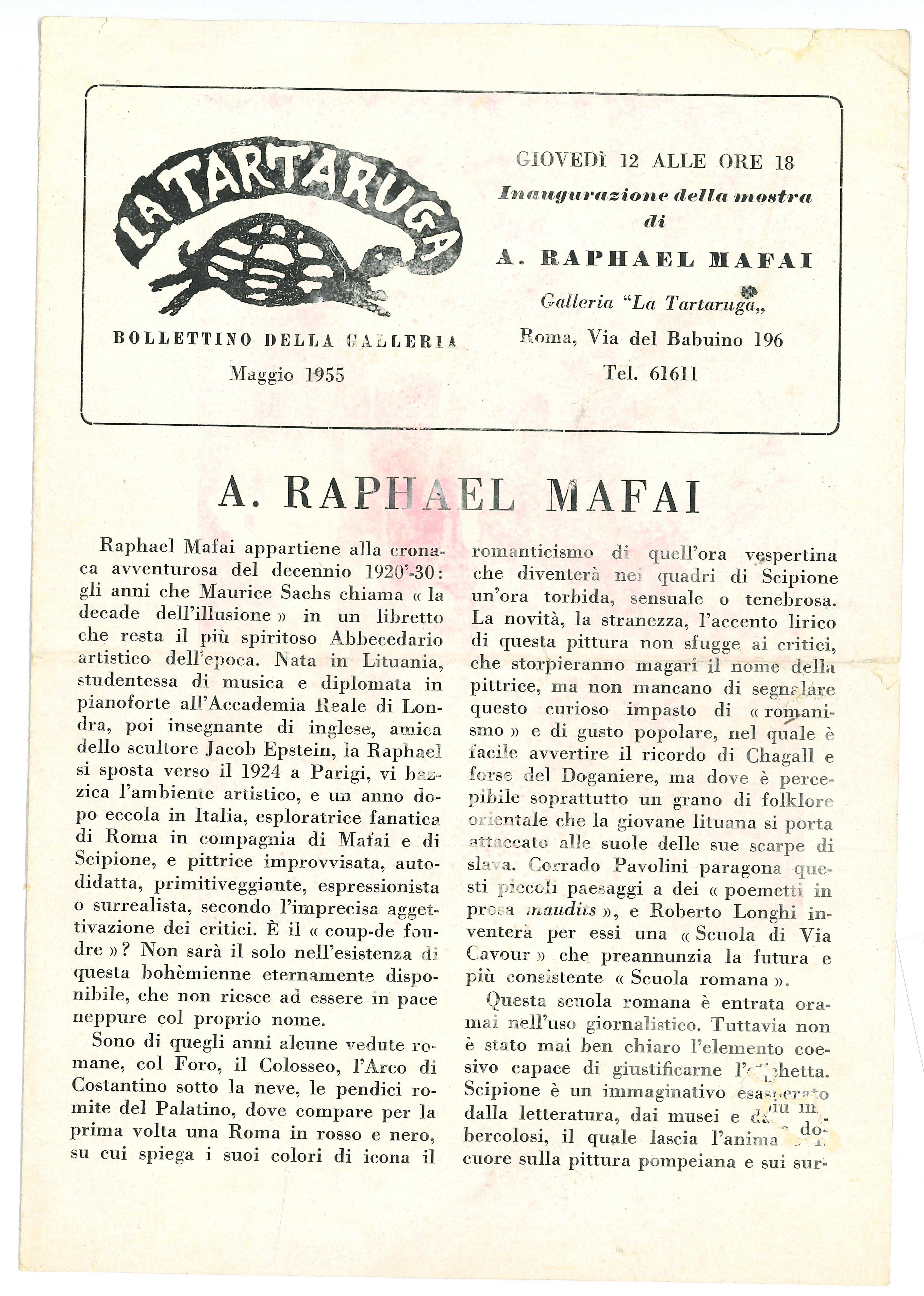 Catalogue vintage de la galerie La Tartaruga de Raphael Mafai. - 1955