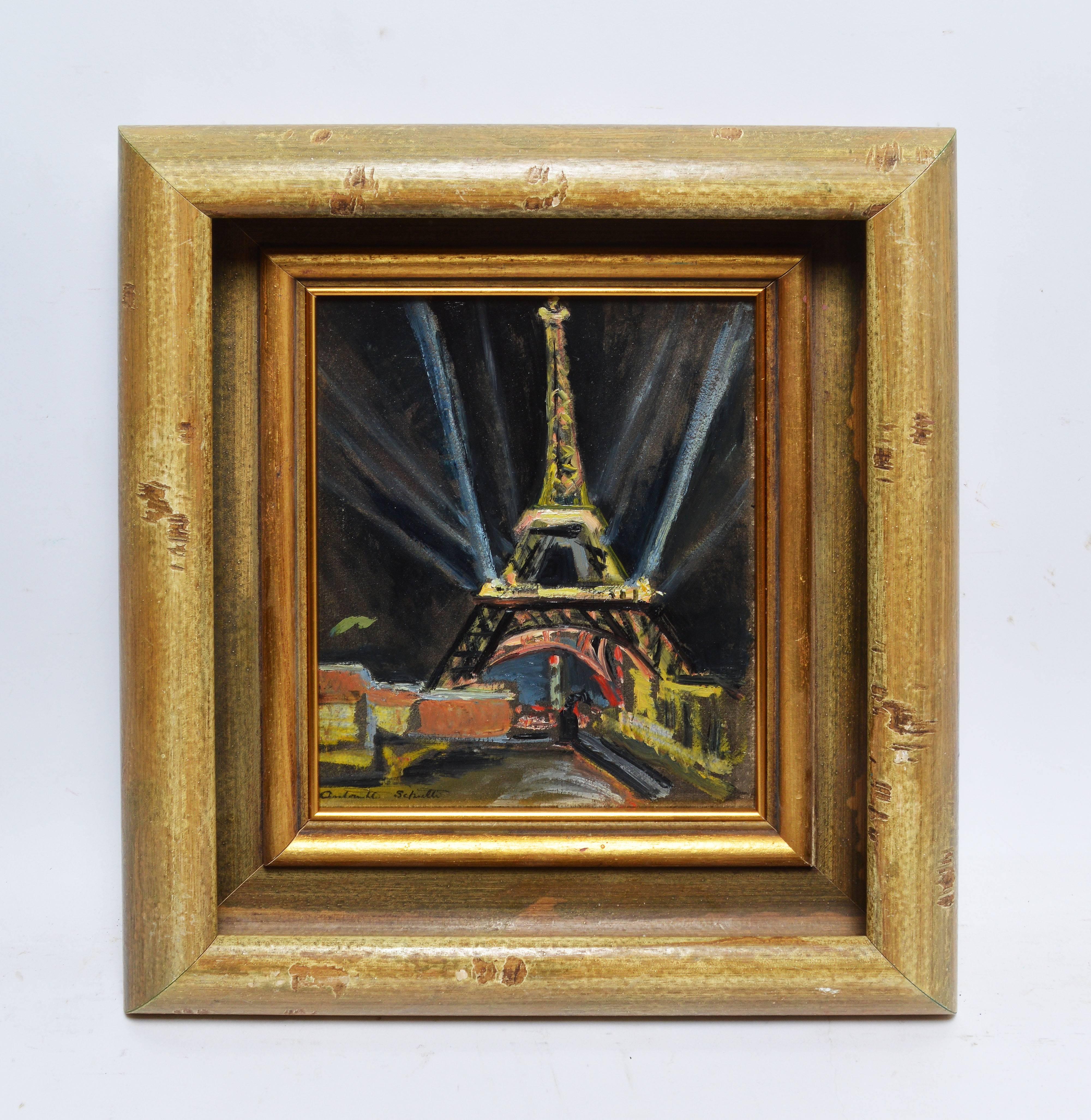 View of the Eifel Tower at Night, Paris Modern - Painting by Antoinette Schulte