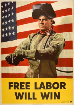 Original Vintage Poster Free Labor Will Win WWII Home Front Propaganda USA Flag