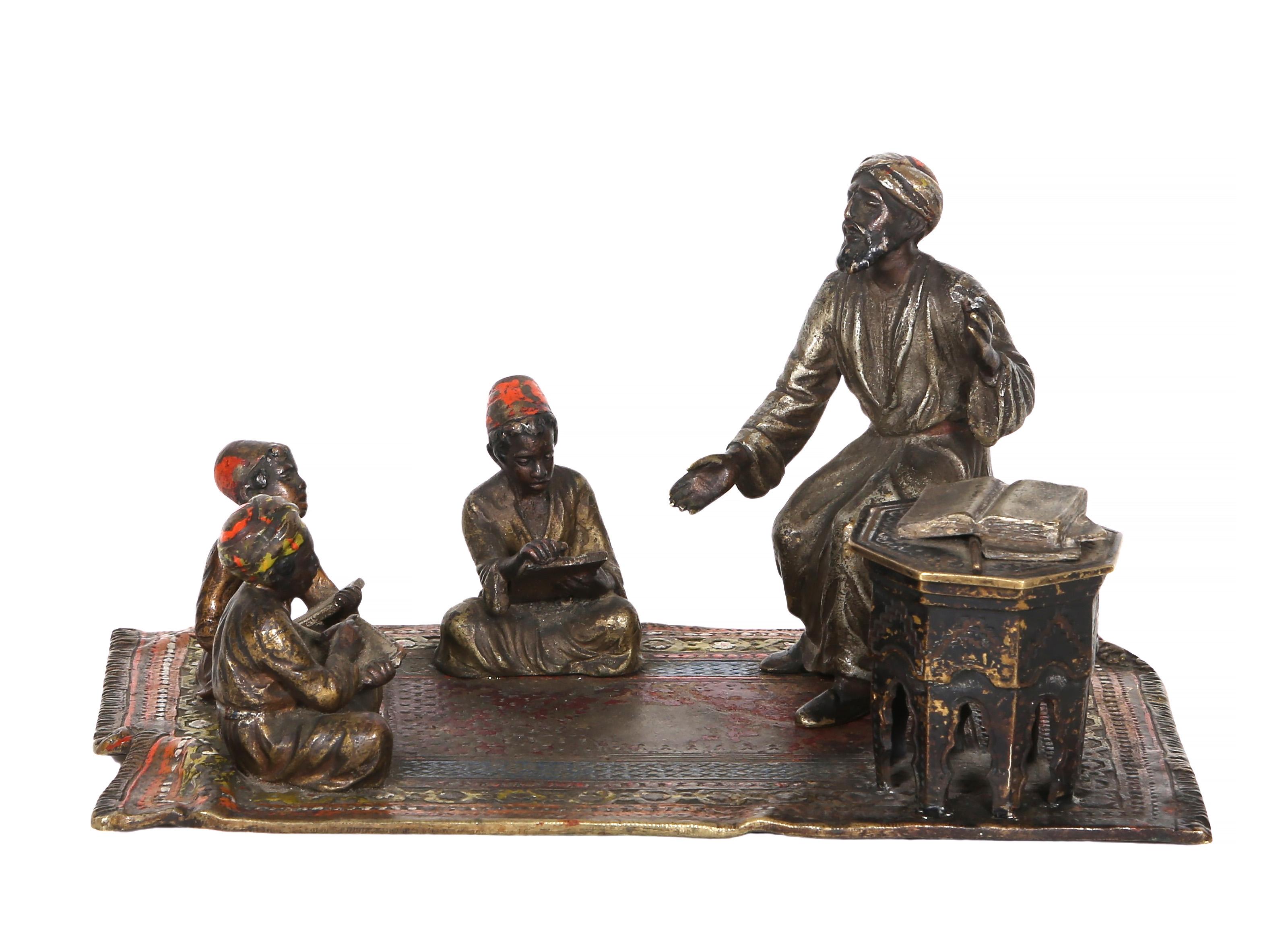 Quran Teacher With Pupils, Orientalist Bronze Sculpture by Anton Chotka