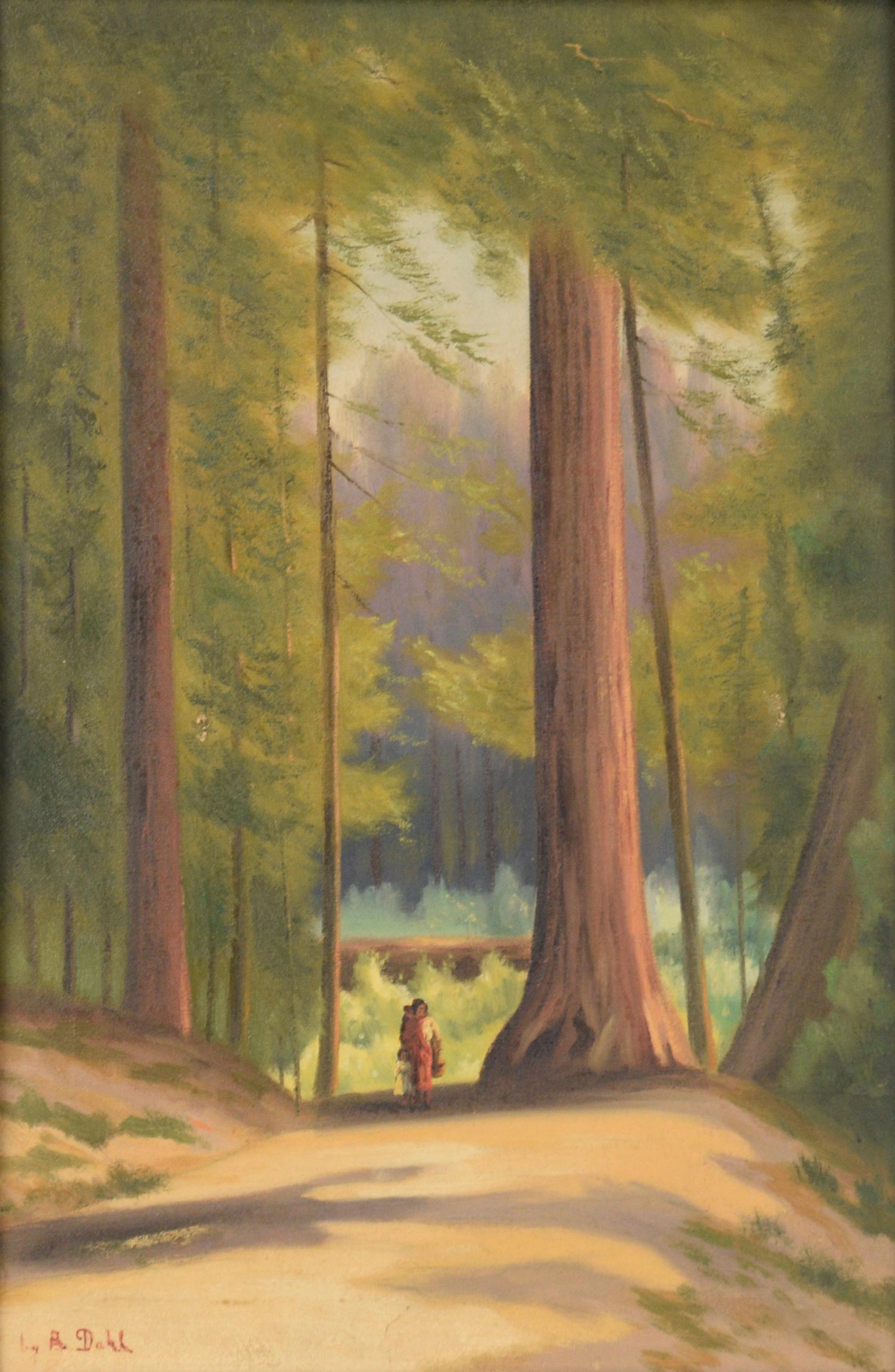 Ohlone Mother and Child Walking Through the Santa Cruz Redwoods - Landscape 1930 - Painting by Anton Dahl