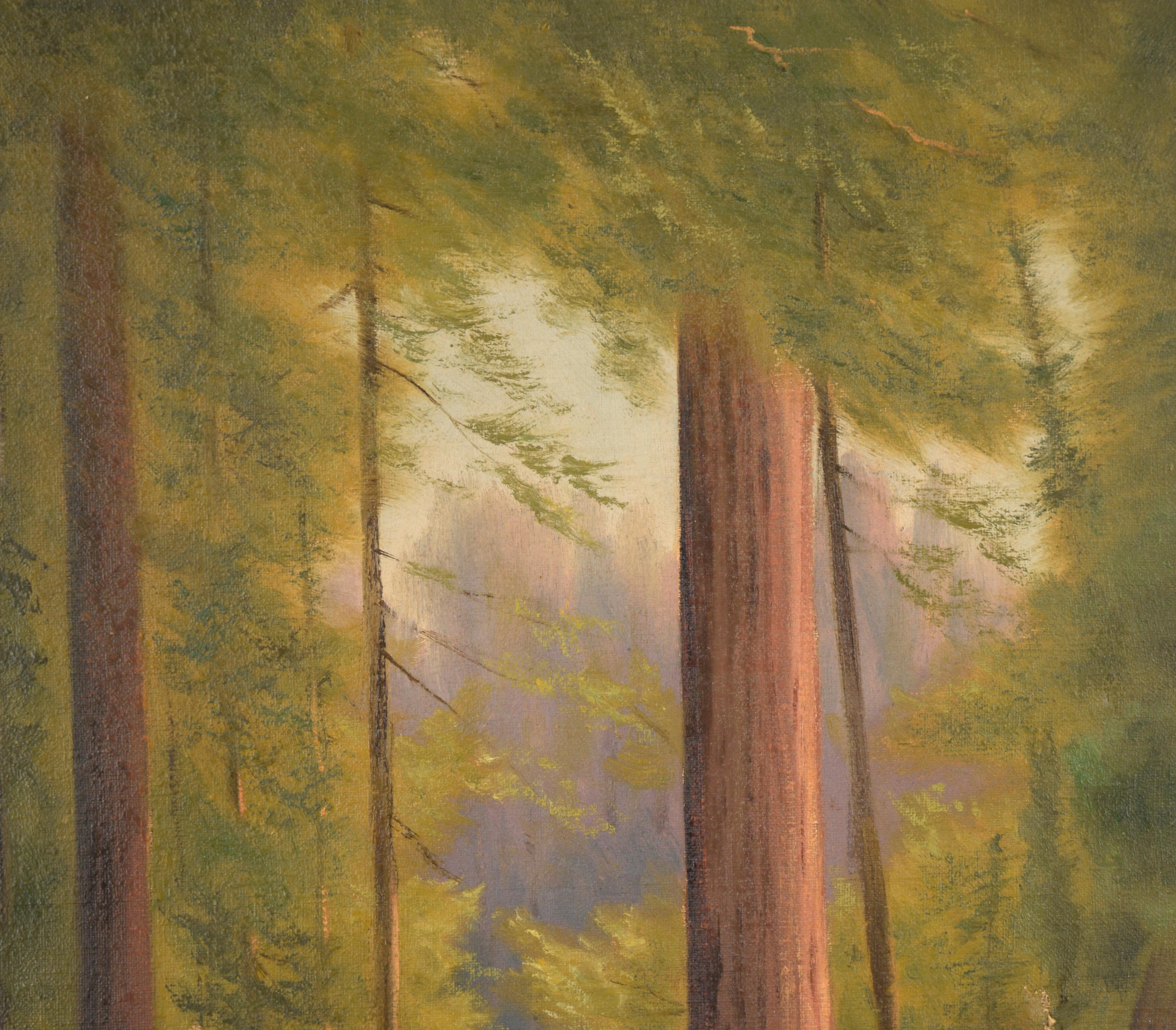 Ohlone Mutter und Kind, unterwegs durch die Santa Cruz Redwoods - Landschaft 1930 (Braun), Figurative Painting, von Anton Dahl