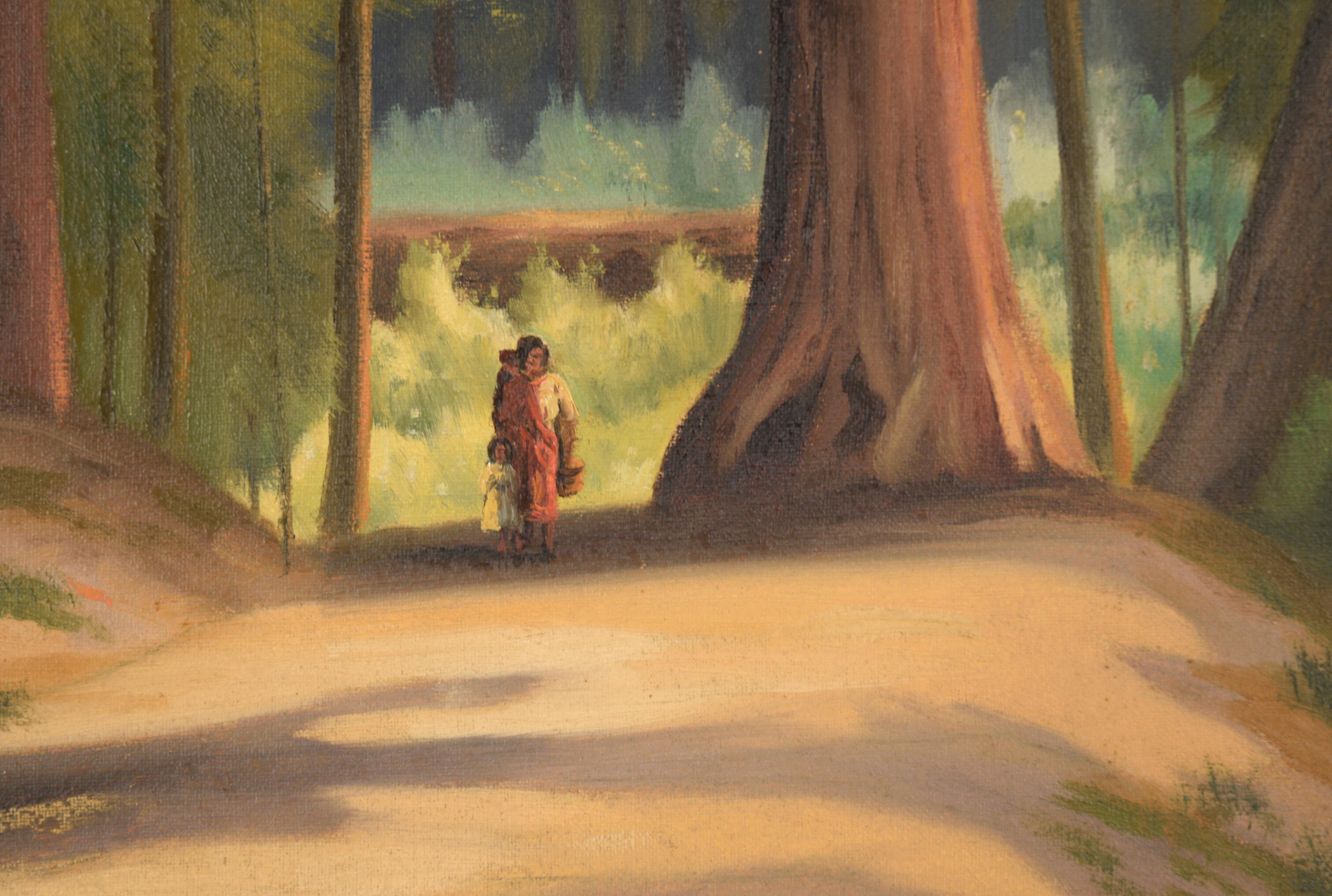 Ohlone Mother and Child Walking Through the Santa Cruz Redwoods - Landscape 1930 - American Impressionist Painting by Anton Dahl