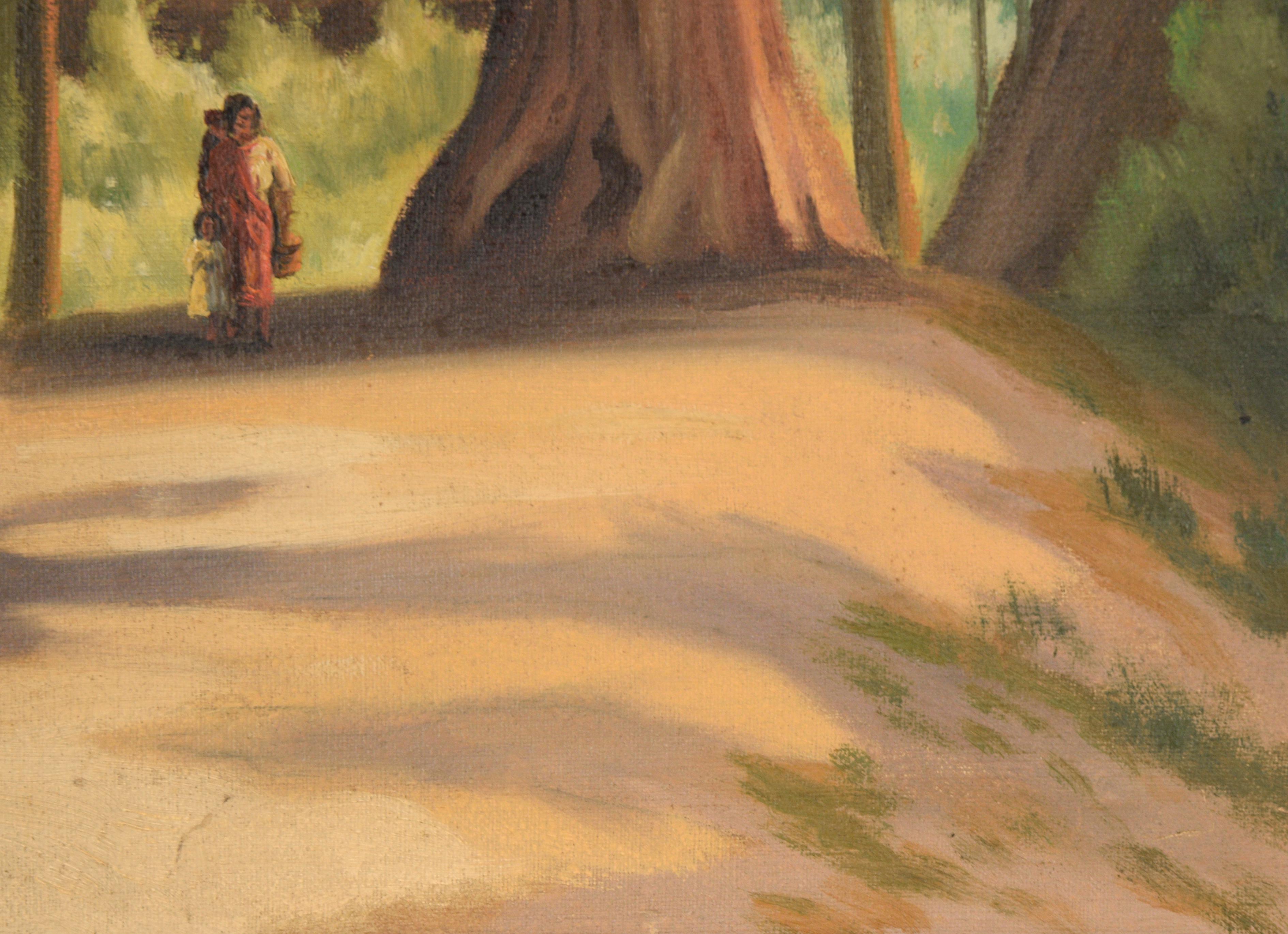 Serene depiction of an Ohlone Mother and Child walking a forest path by Anton Dahl (Swedish-American). Ohlone Mother and child are walking through the Northern California Santa Cruz redwood forest, towards the viewer. Through the forest behind them,