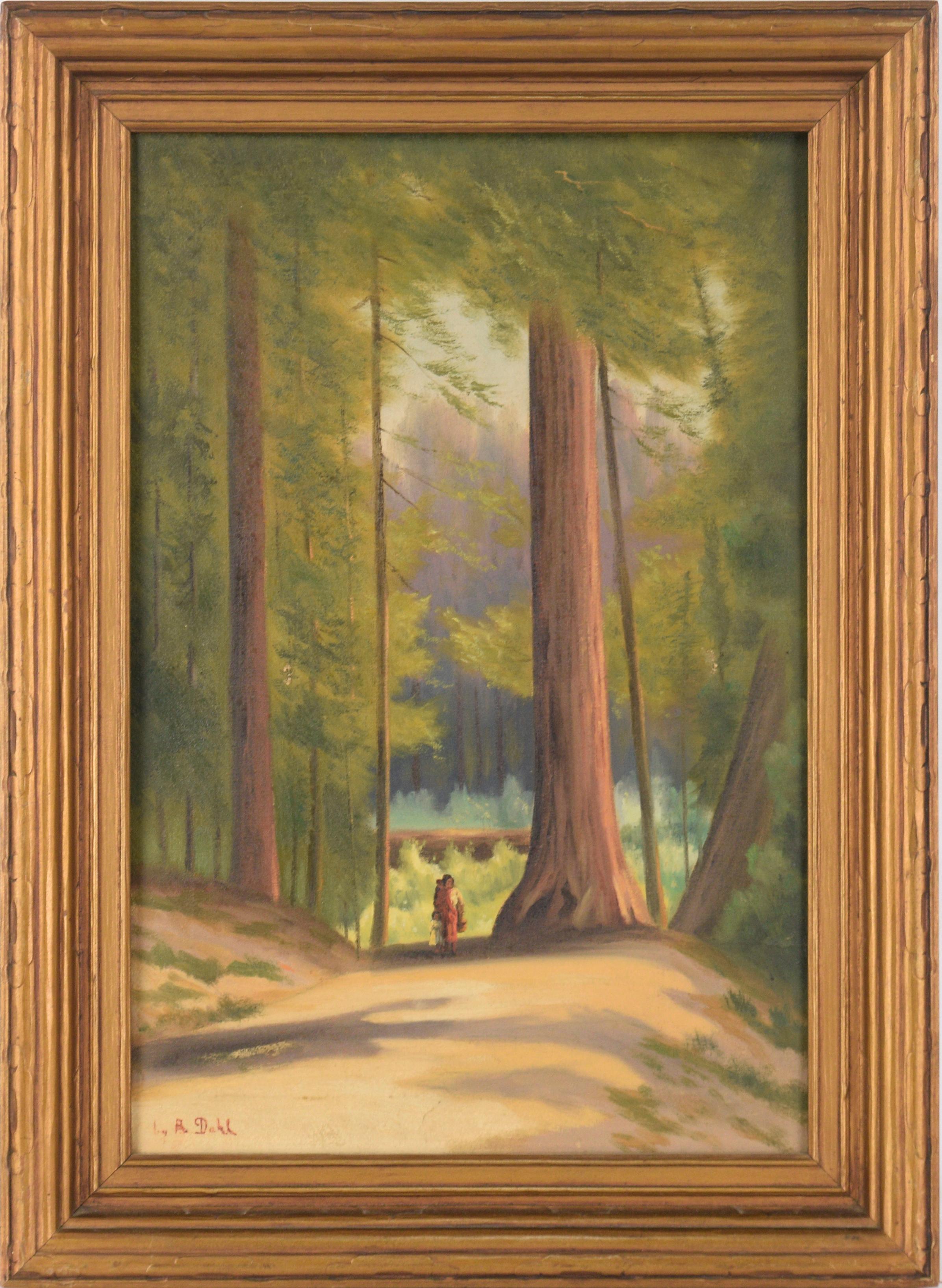Figurative Painting de Anton Dahl - Madre e hijo Ohlone caminando por las secuoyas de Santa Cruz - Paisaje 1930