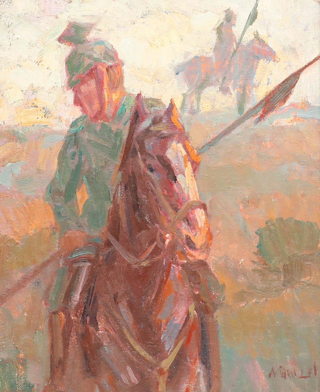 Anton Denzel (1888-1962) - Huile du début du 20e siècle, Soldat de la cavalerie prussienne en vente 1