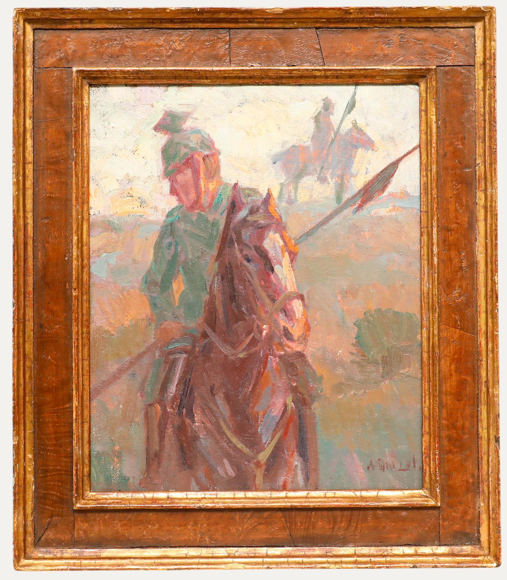 Une huile intéressante et évocatrice du début du 20e siècle de l'artiste Anton Denzel (1888-1962) représentant un soldat prussien à cheval. Signé en bas à droite. Bien présenté dans un cadre en noyer avec des bords dorés. A bord.