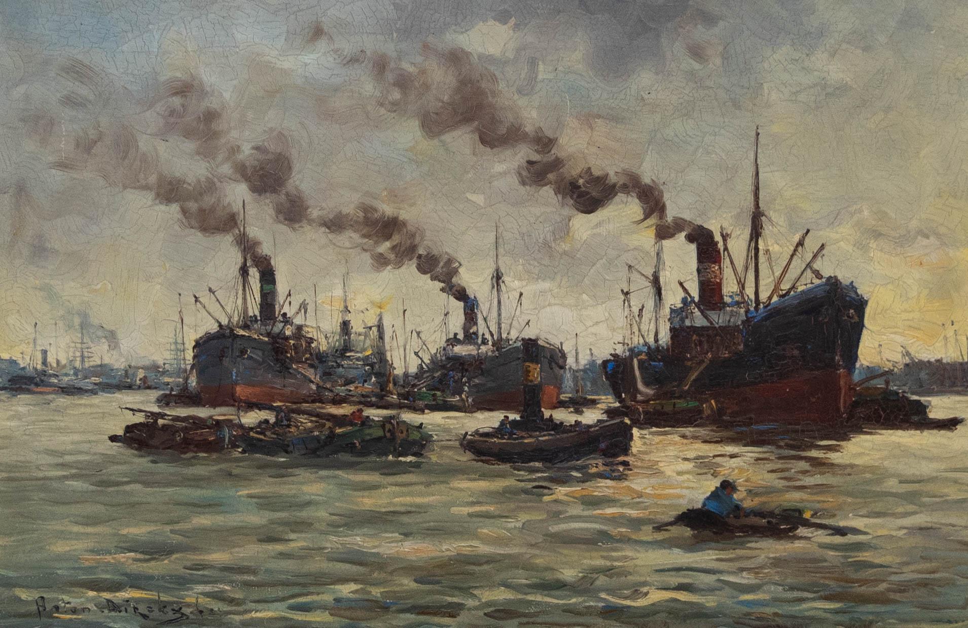 Antonius Bernardus Dirckx (1878-1927) - Olio, Barche da pesca all'alba - Painting di Dirckx, Anton