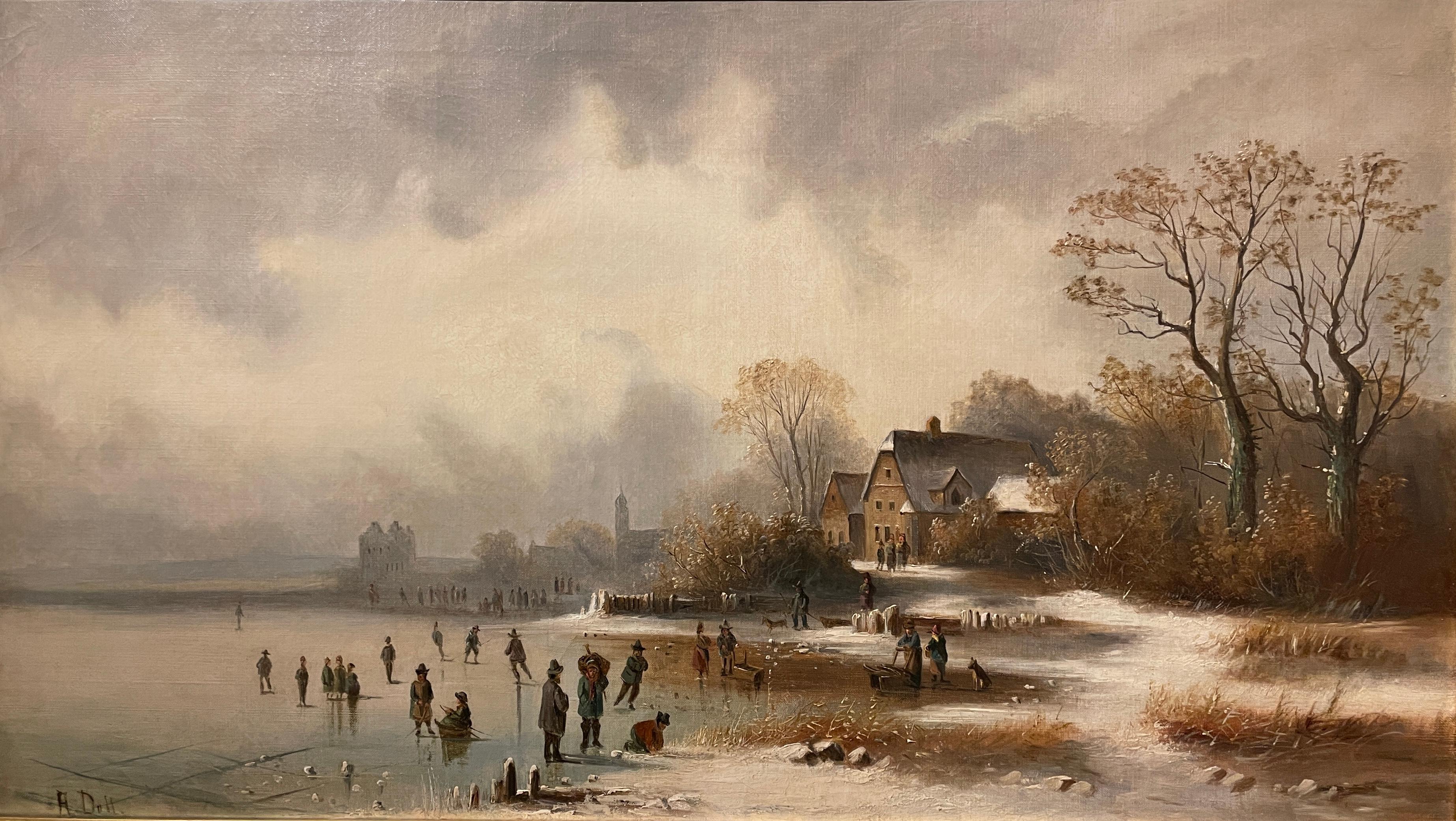 Peinture à l'huile d'une scène de patinage d'hiver par Anton Doll (1826-1877)  en vente 1