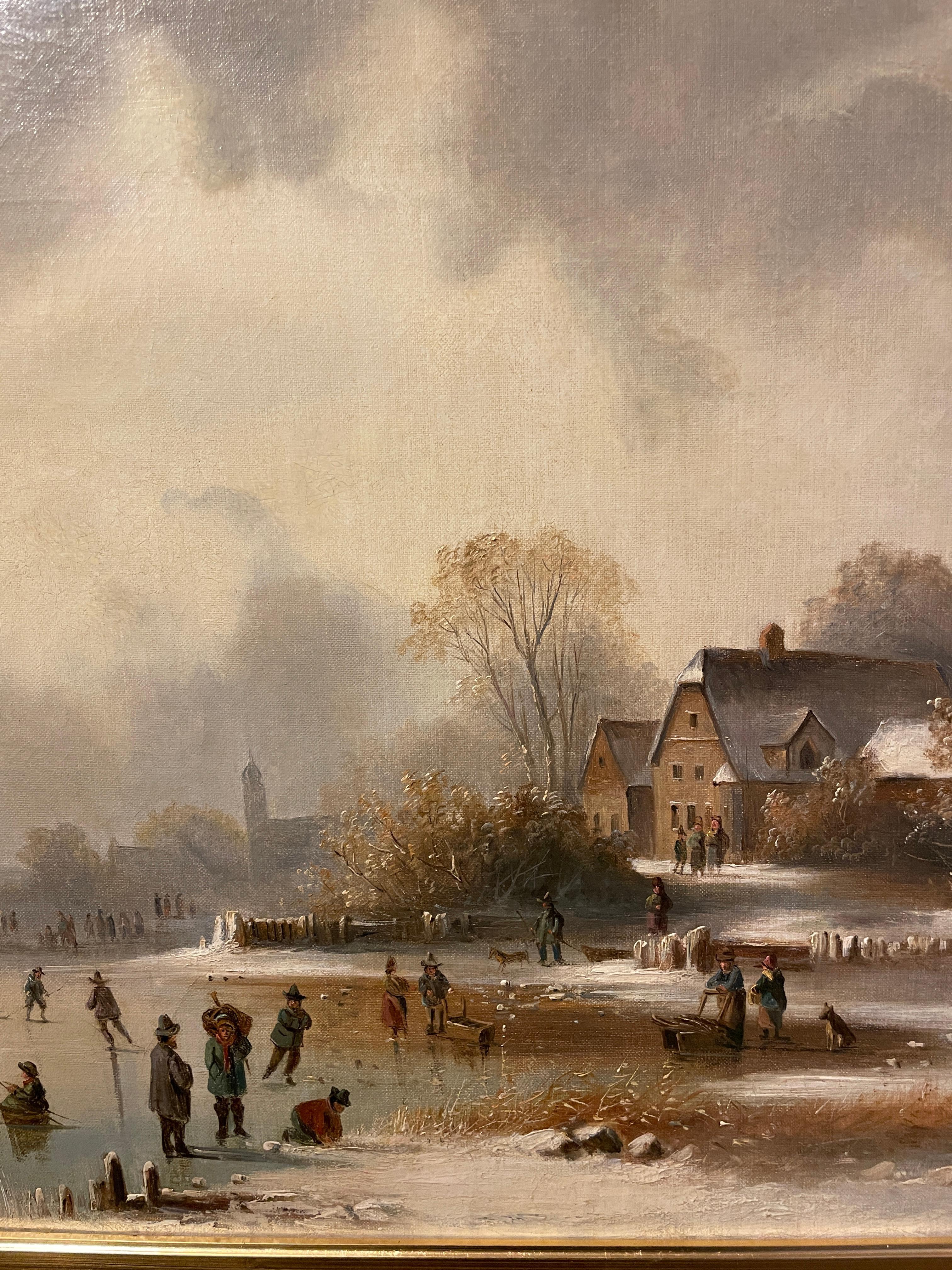Peinture à l'huile d'une scène de patinage d'hiver par Anton Doll (1826-1877)  en vente 2