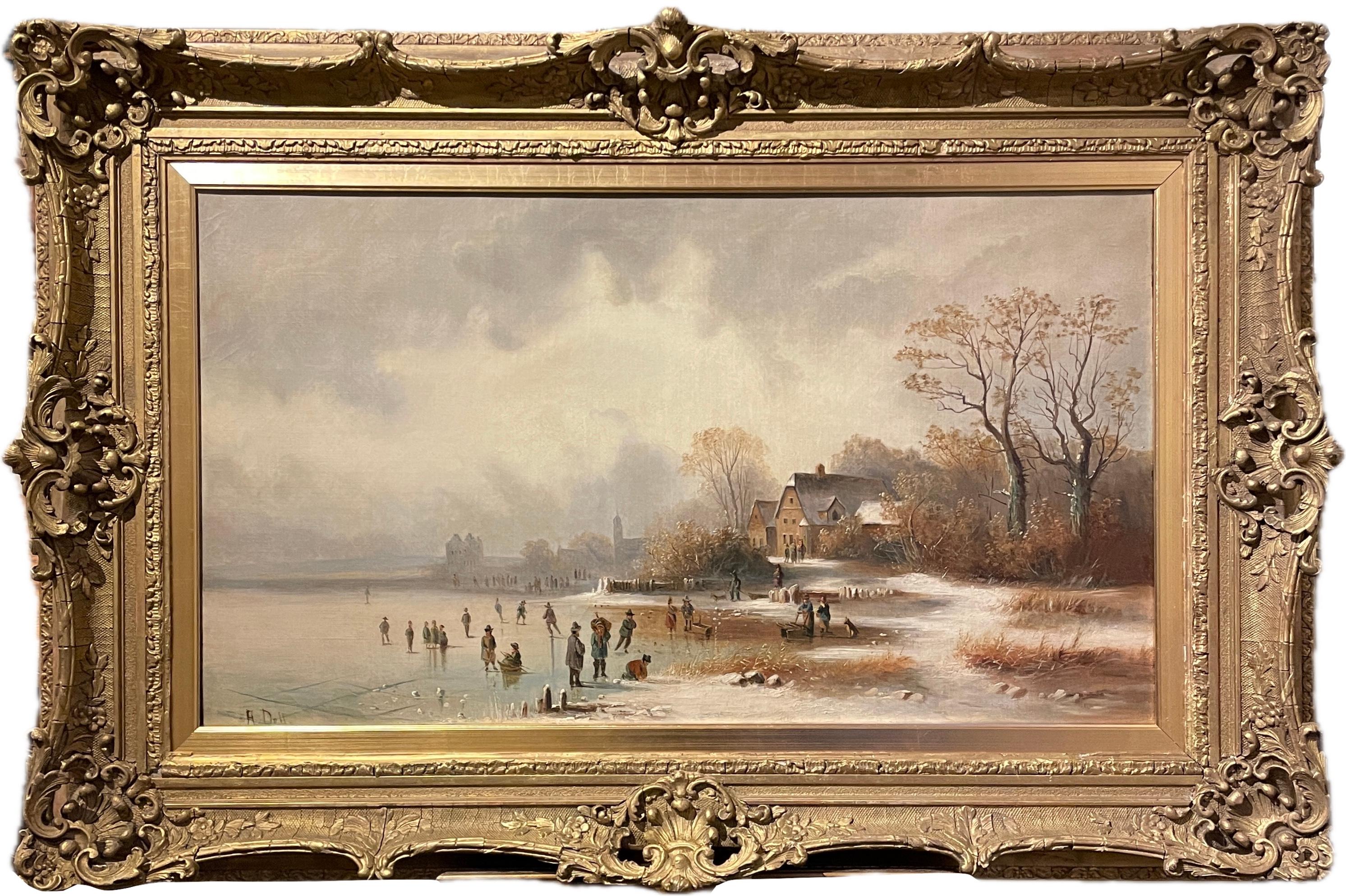 Ölgemälde, Landschaft "Winterliche Eislaufszene" von Anton Doll (1826-1877)                                                                                Signiert vom Künstler und gerahmt in einem großen, zeitgemäßen, geschwungenen