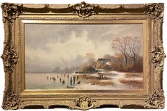 Peinture à l'huile d'une scène de patinage d'hiver par Anton Doll (1826-1877) 