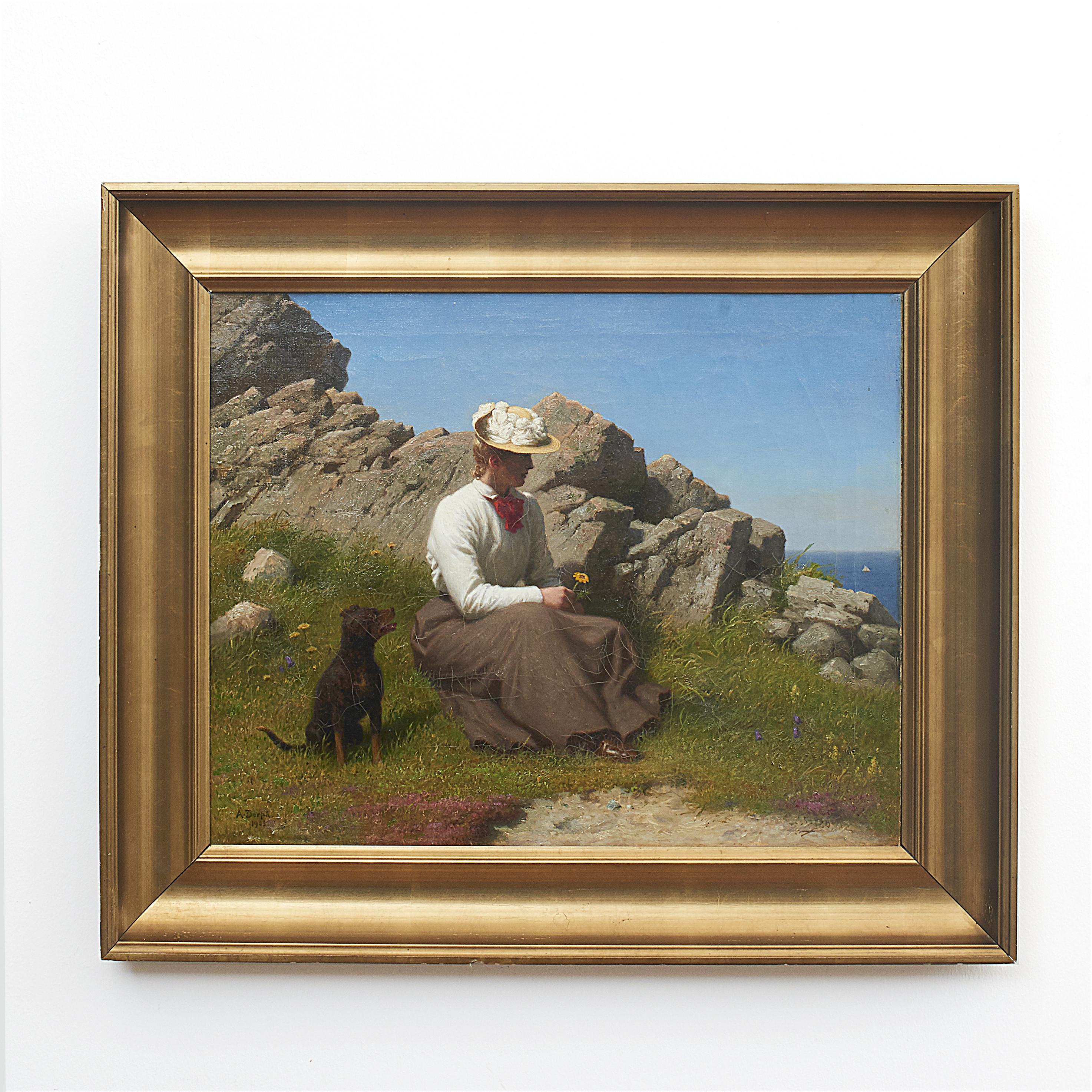 Anton Dorph 1831-1914.
Oil on canvas.
Painting featuring a young woman and her dog atop a cliff overlooking the coastline at Gudhjem, Bornholm, Denmark.
Sign. A. Dorph. 1903
Measures: 46.5 x 59 cm. ex frame.