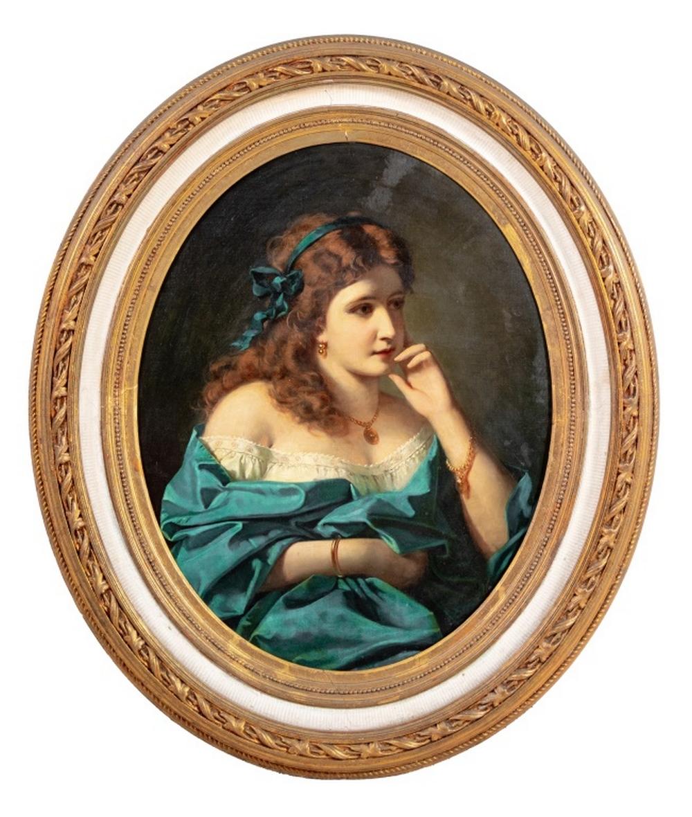 Anton Ebert (Austriaco, 1845-1896), Ritratto di donna, Olio su tela ovale posata su tavola, XIX secolo, firmato "A. Ebert / Wooden" a metà destra, cornice originale ovale in legno. Immagine: 31" H x 25" W; cornice: 41" H. x 36" L.   
