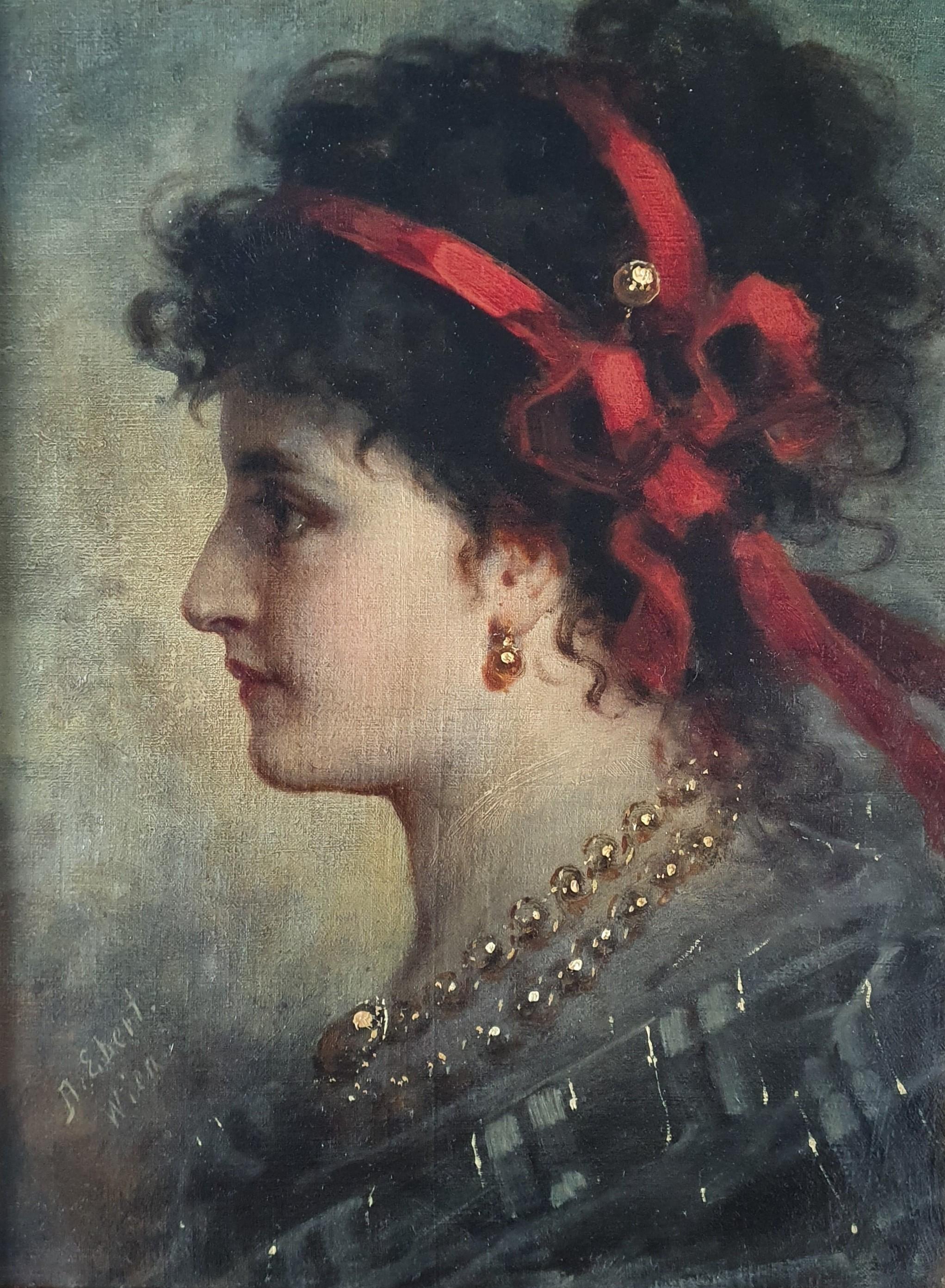 Portrait of a Circassian courtisane, in original 19th century frame, orientalist - Painting by Anton Ebert