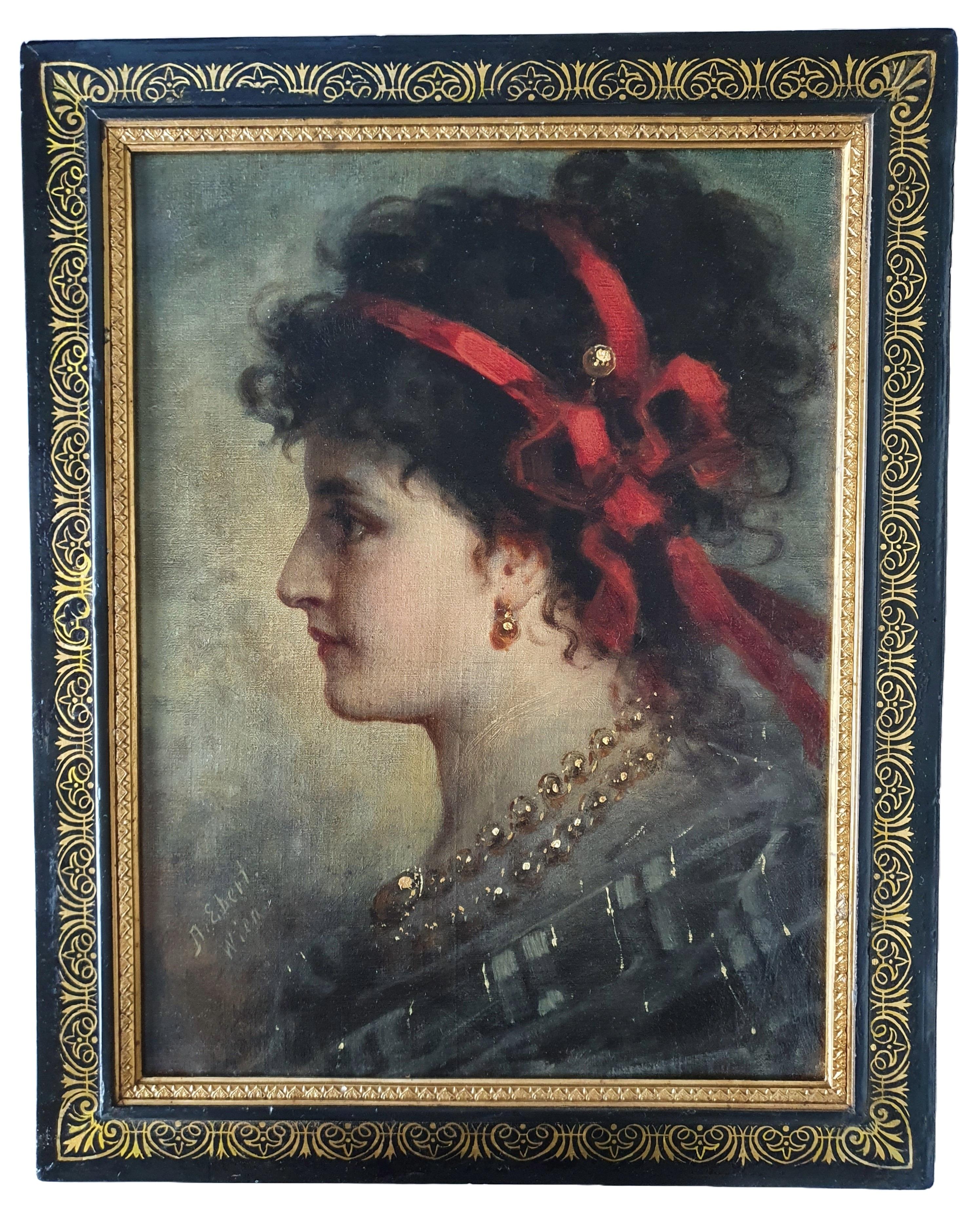 Anton Ebert Portrait Painting - Portrait of a Circassian courtisane, in original 19th century frame, orientalist